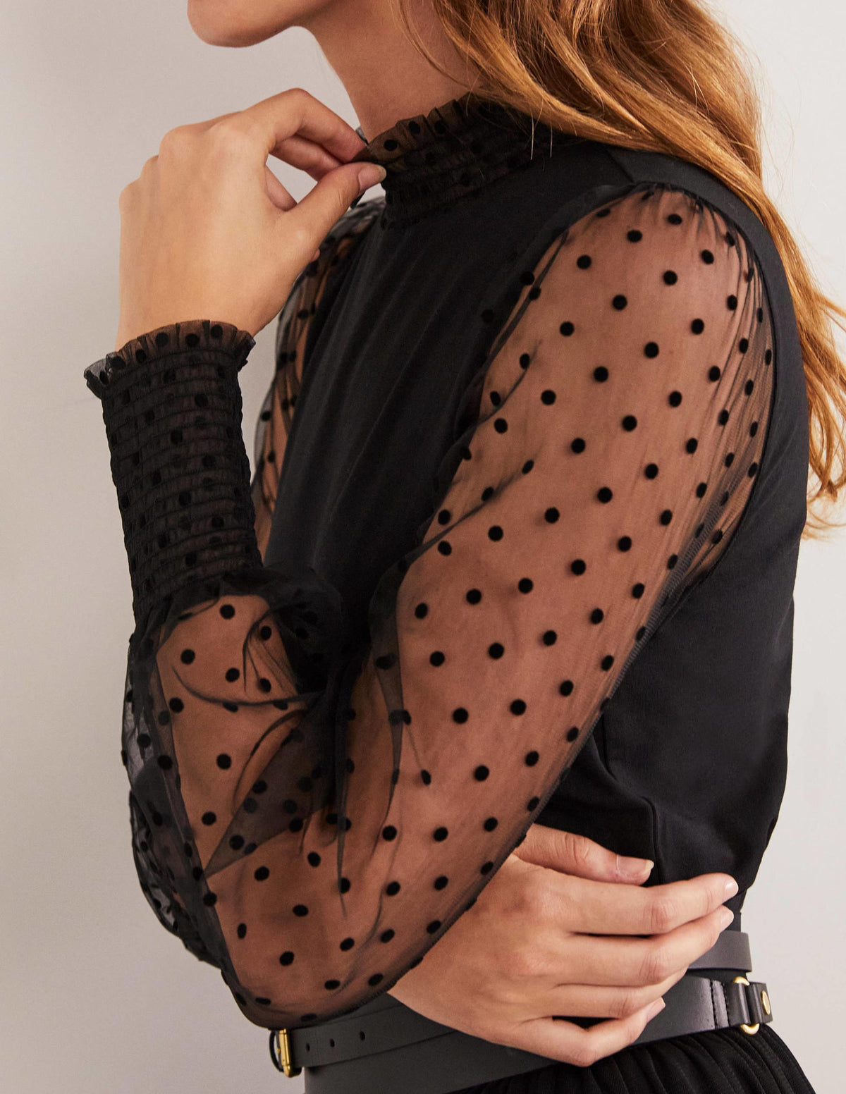 Black Polka Dot Tulle-Sleeve Party Top-Black/Black Flocked Spot-2