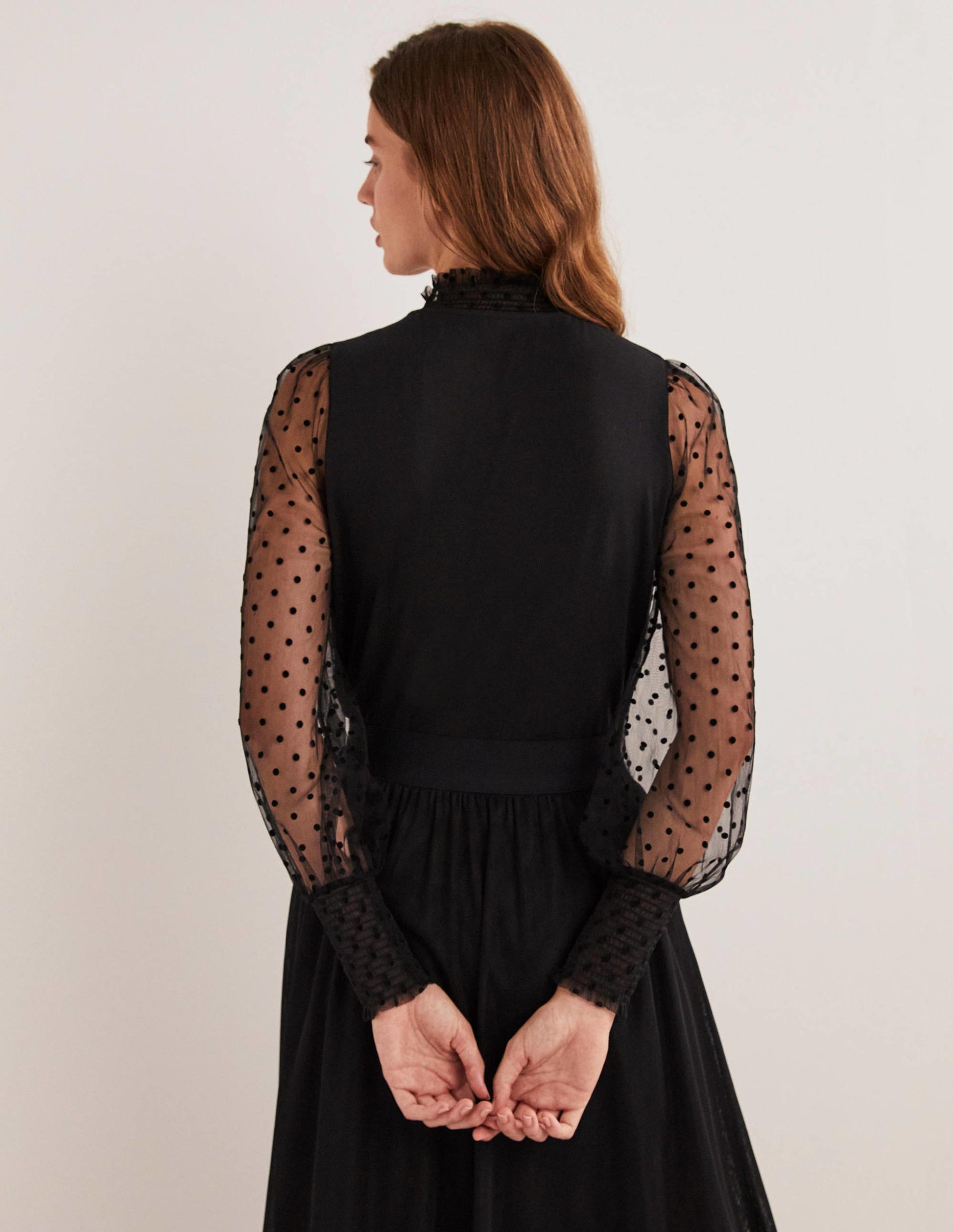 Black Polka Dot Tulle-Sleeve Party Top-Black/Black Flocked Spot-3