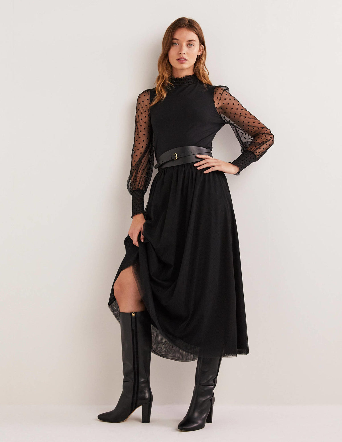 Black Polka Dot Tulle-Sleeve Party Top-Black/Black Flocked Spot-4