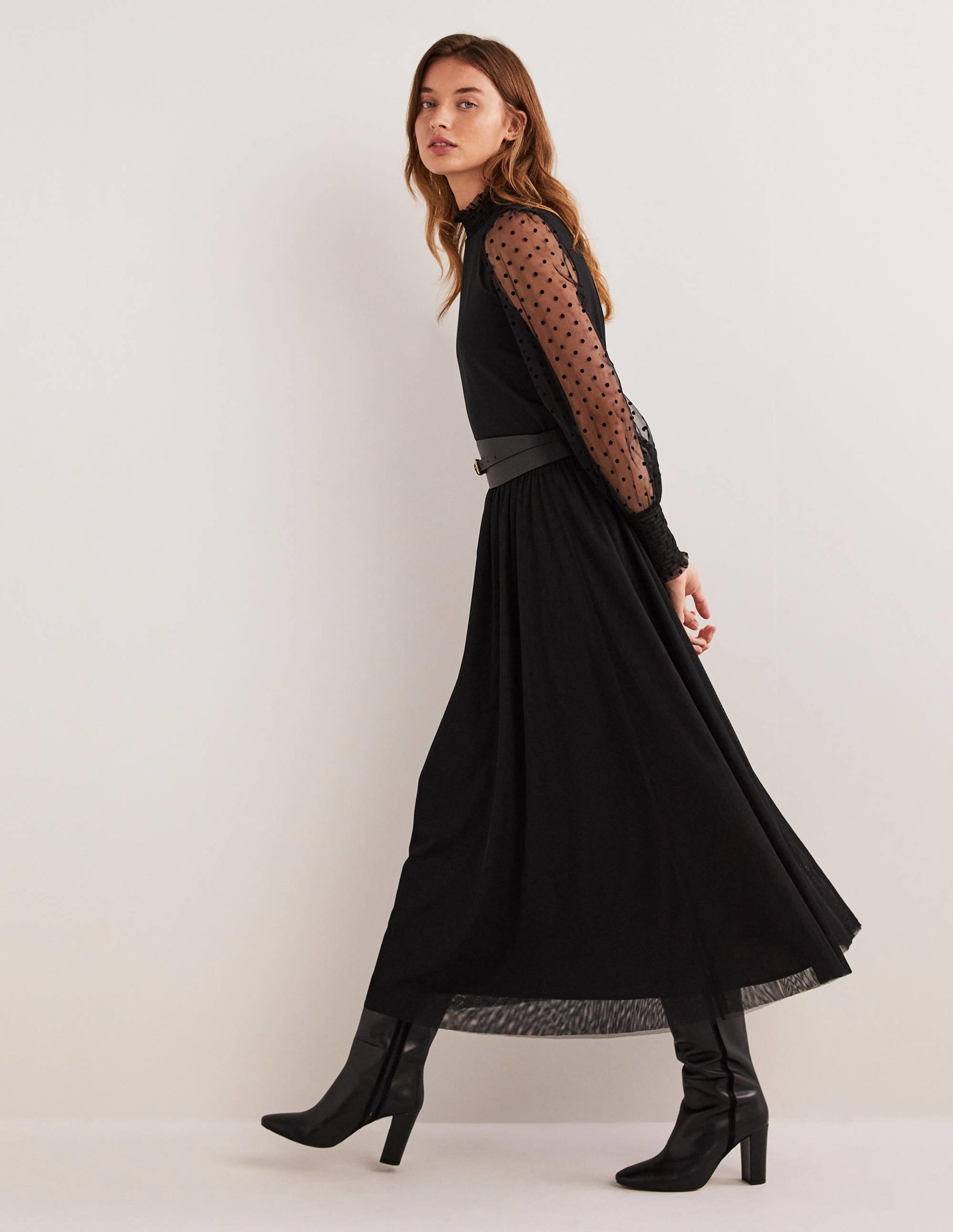 Black Polka Dot Tulle-Sleeve Party Top-Black/Black Flocked Spot - Image 5