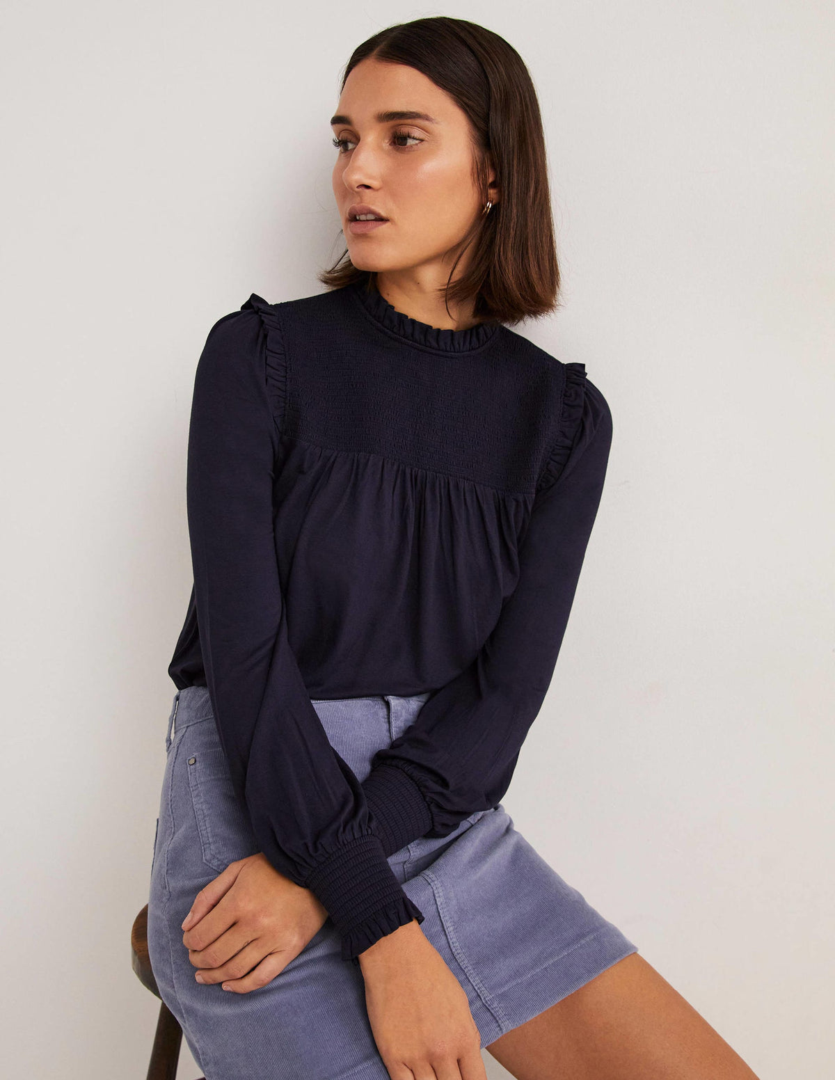 Smocked Yoke Top-Navy - Image 1