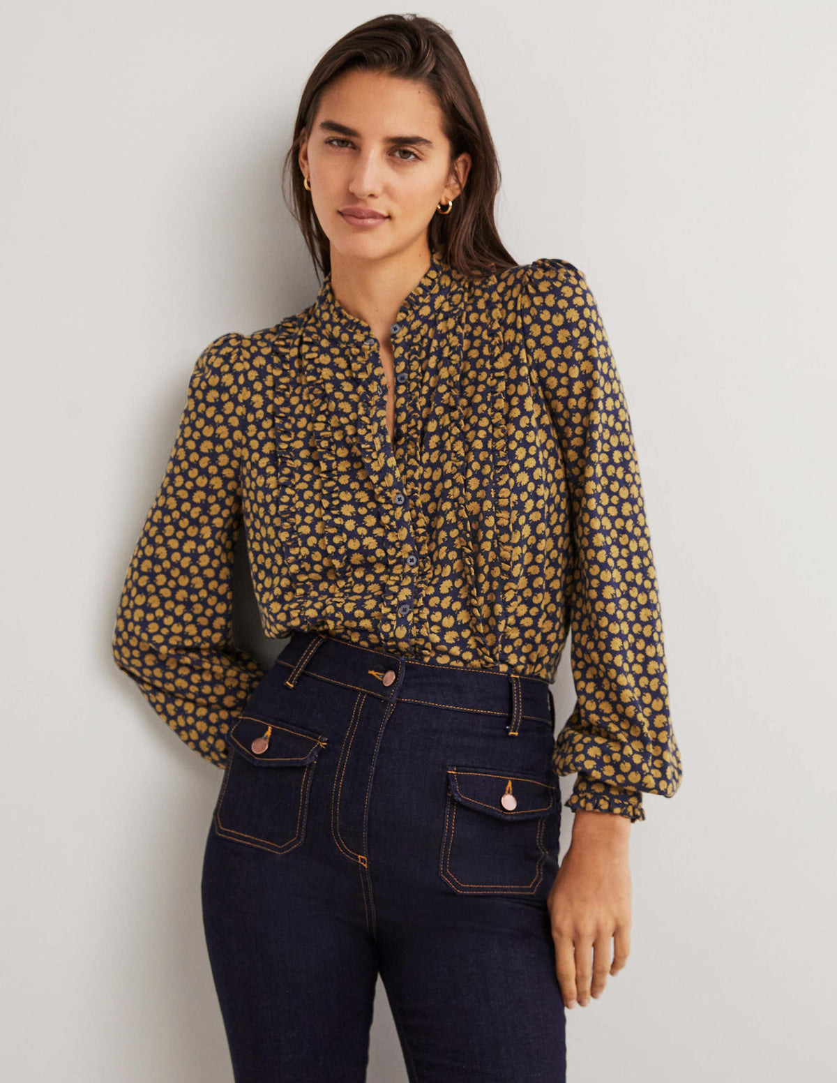 Ruffle Jersey Shirt-Brioche, Botanic Stamp-1