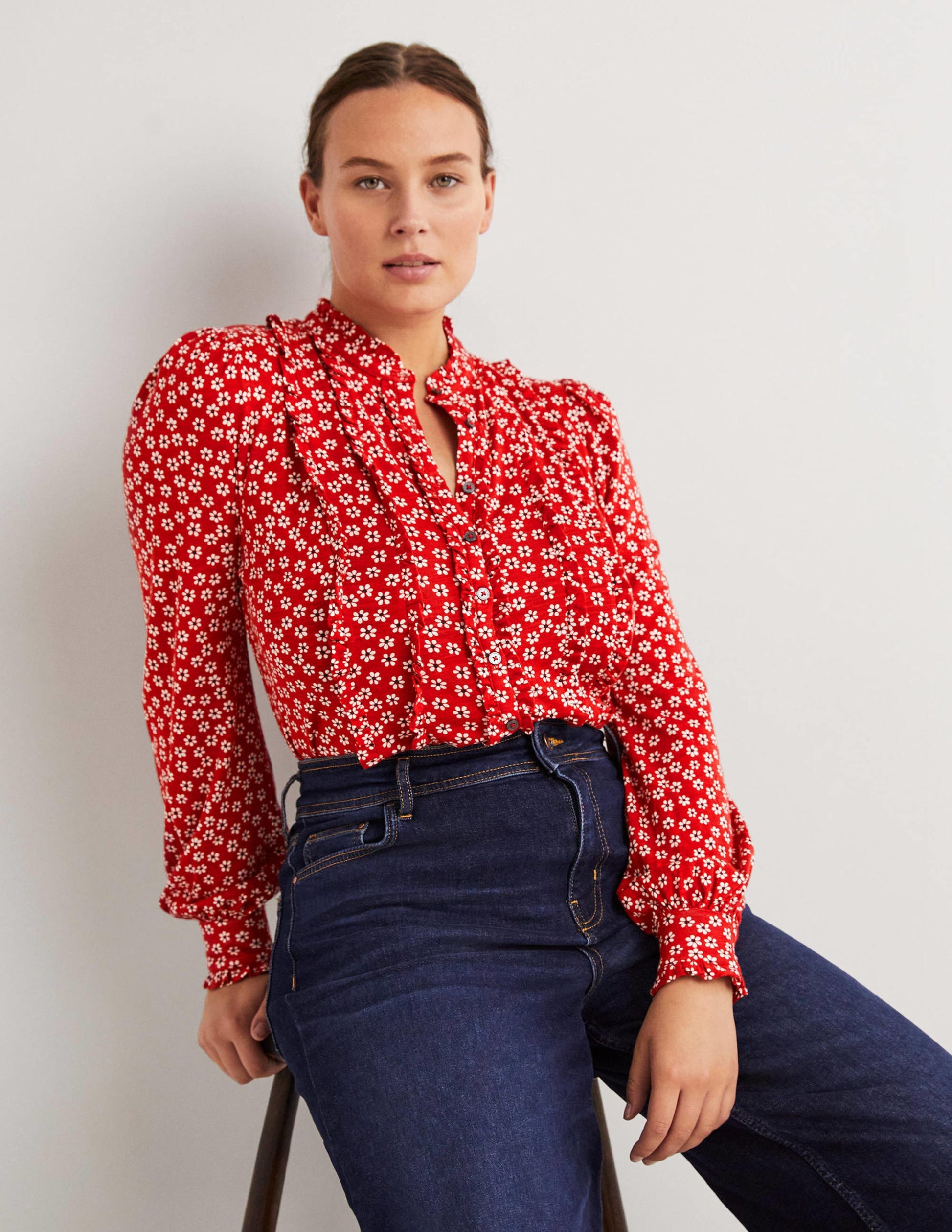 Ruffle Jersey Shirt-Poinsettia, Daises-4