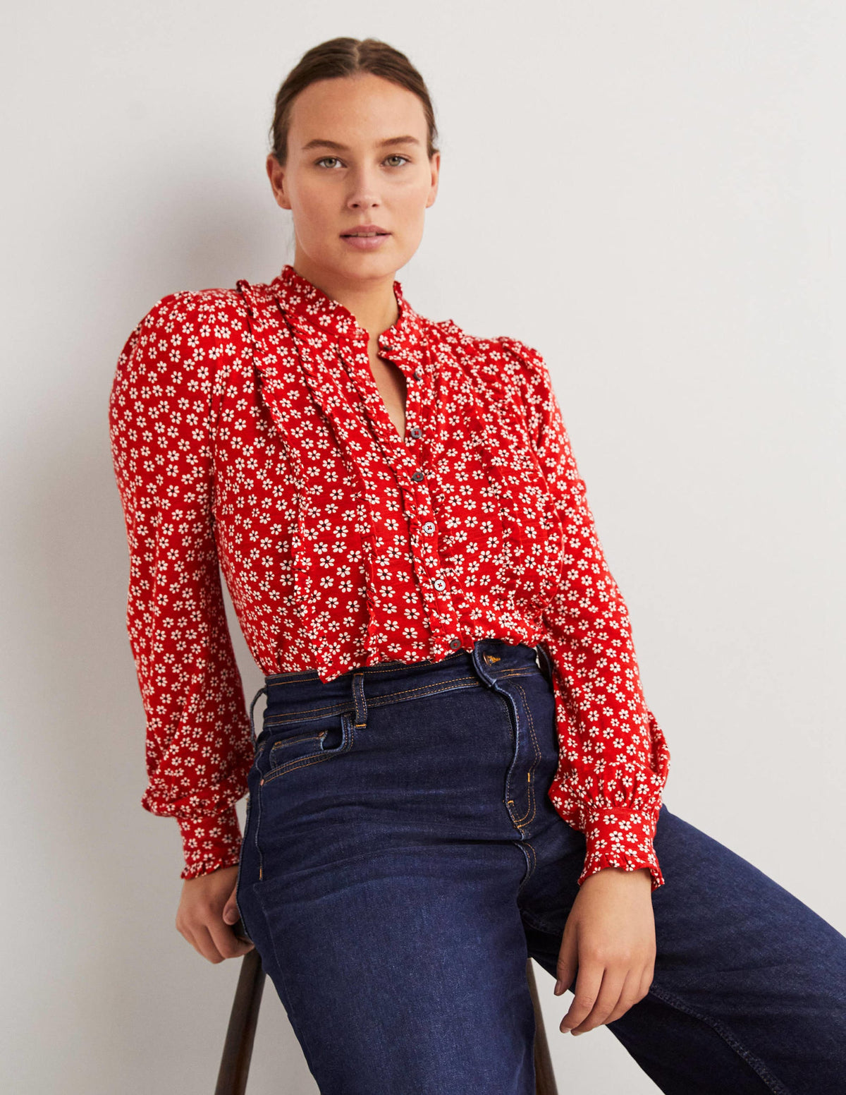 Ruffle Jersey Shirt-Poinsettia, Daises - Image 4