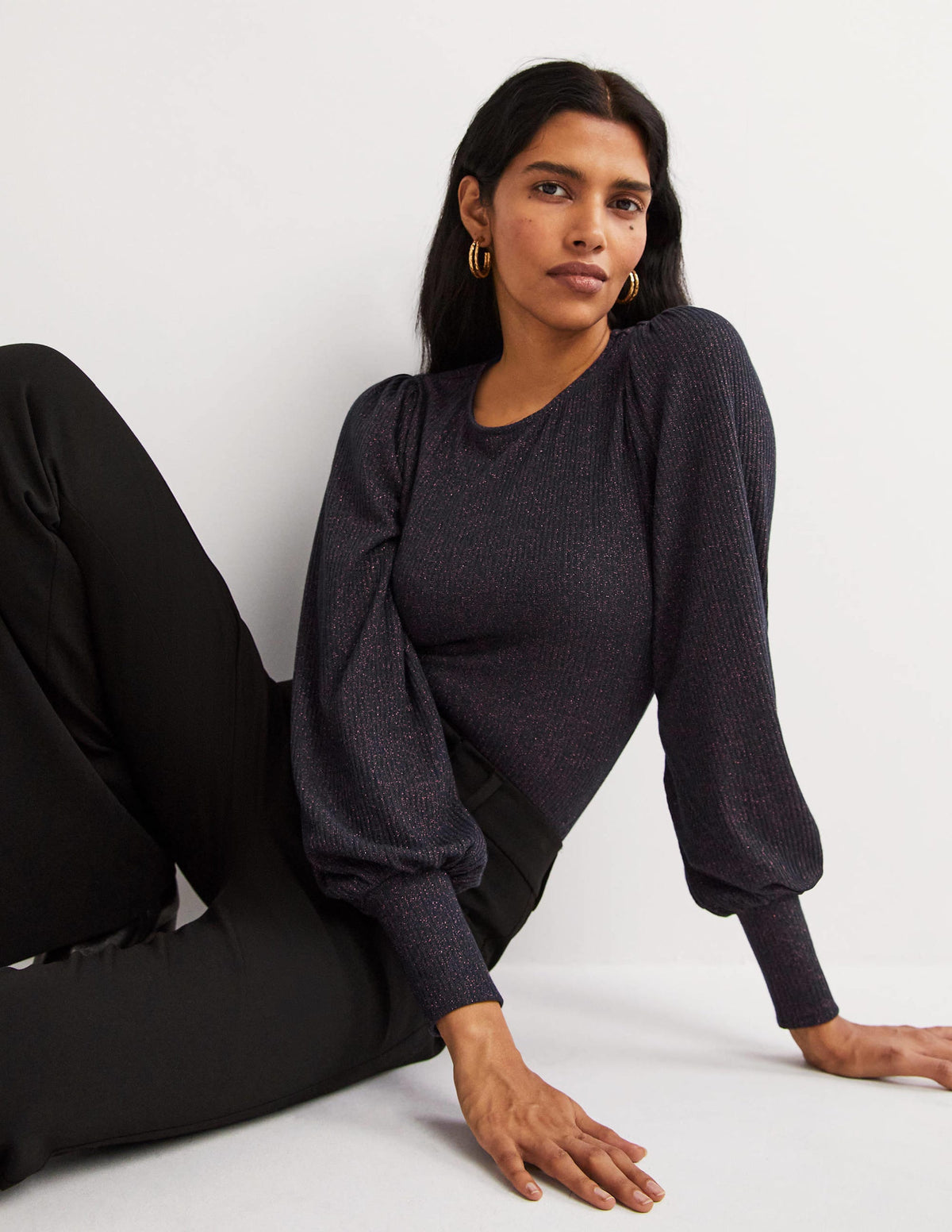 Metallic Blouson Sleeve Top-Navy/Copper Sparkle-1