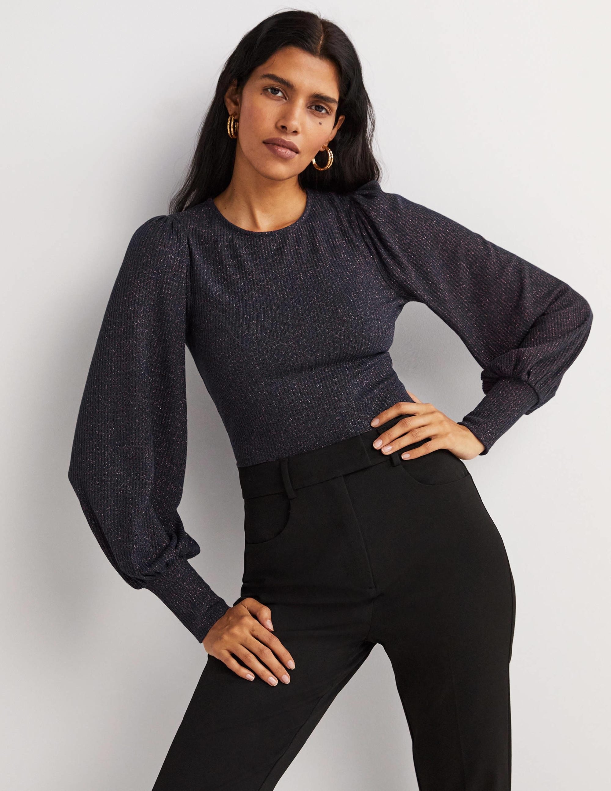 Metallic Blouson Sleeve Top-Navy/Copper Sparkle - Image 2