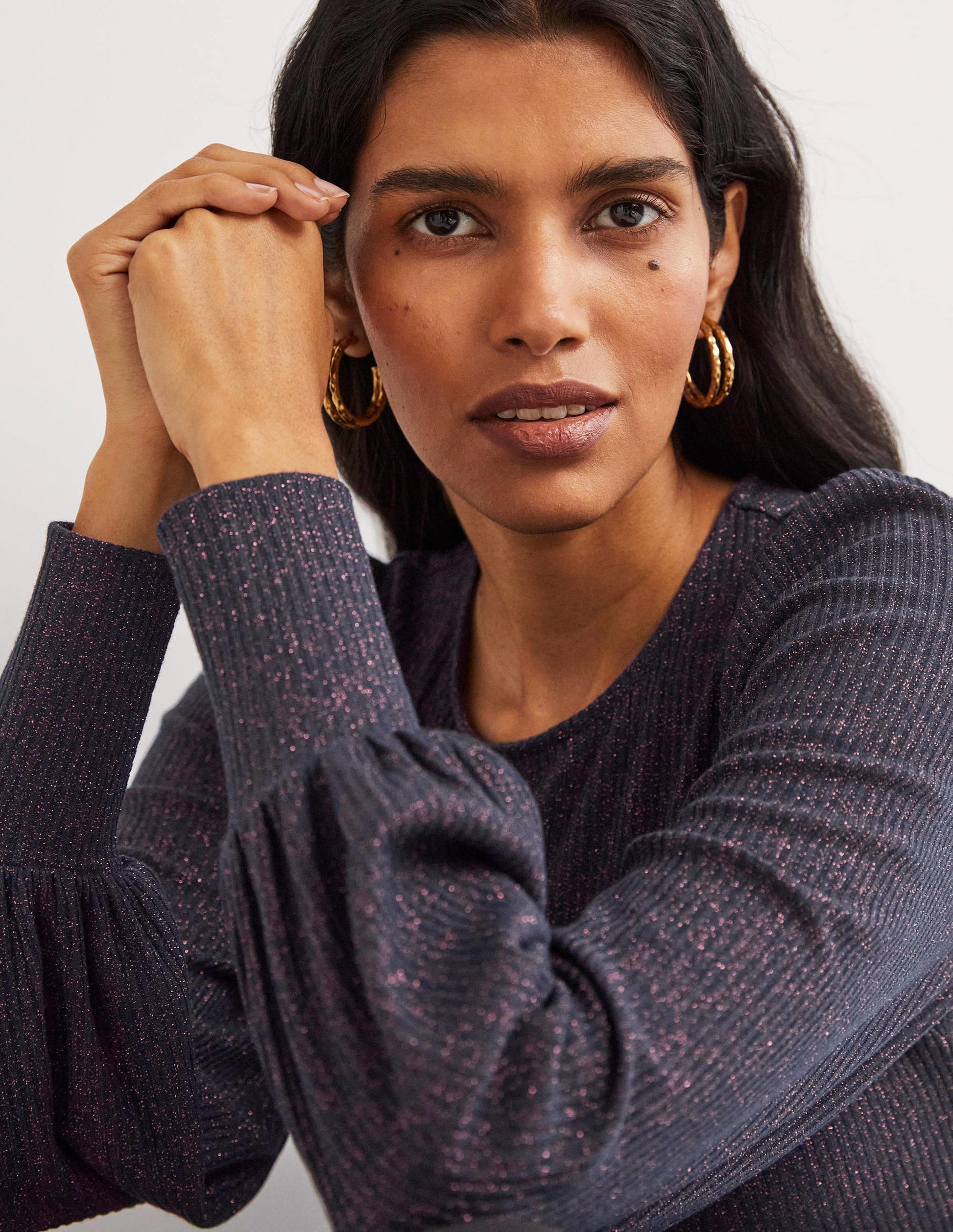 Metallic Blouson Sleeve Top-Navy/Copper Sparkle-5