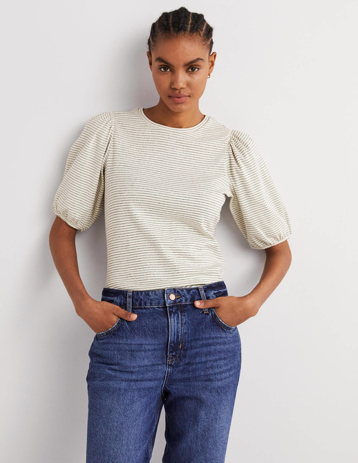 Metallic Stripe T-Shirt-Ivory/Gunmetal Metallic - Image 1