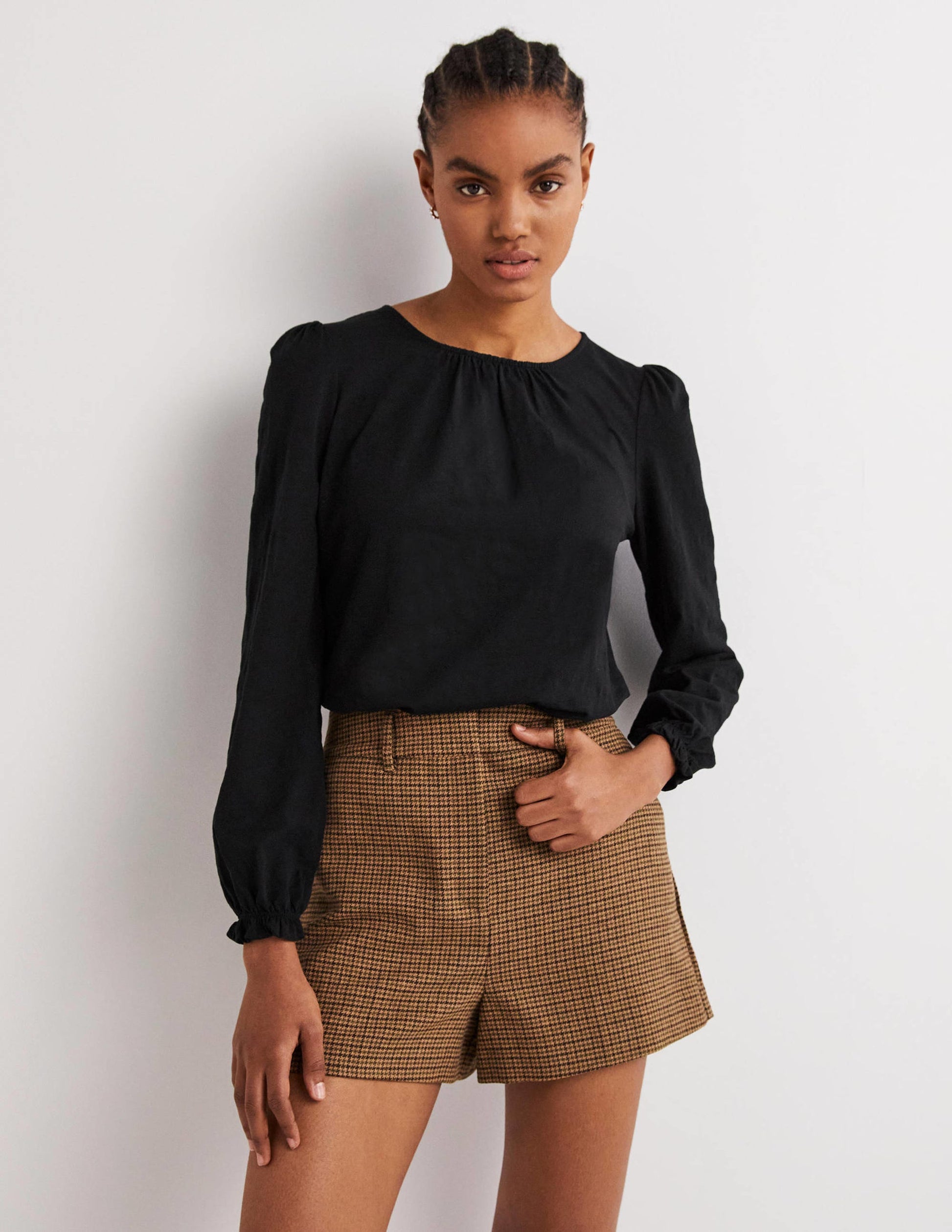 Blouson Cotton Crew Neck Top-Black-1