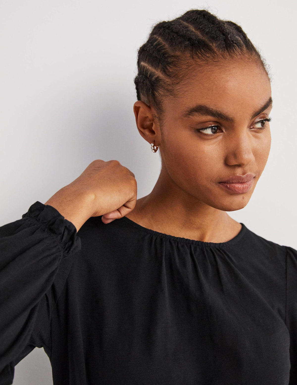 Blouson Cotton Crew Neck Top-Black - Image 2