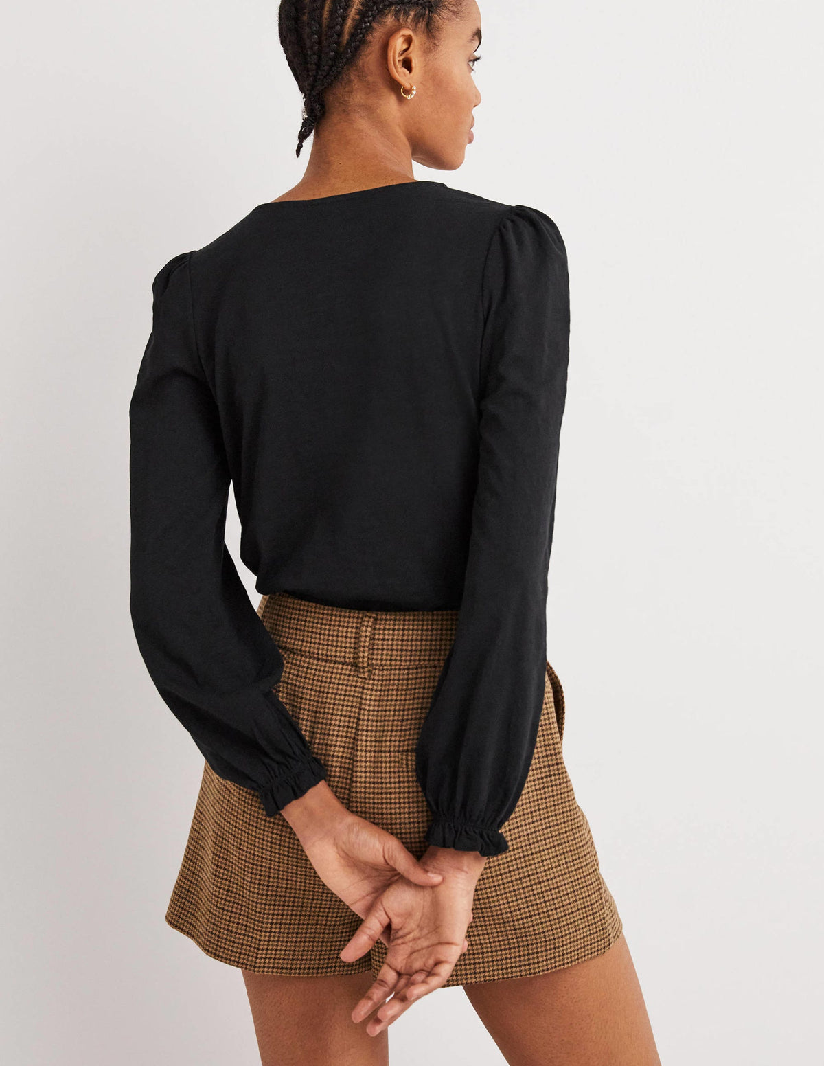 Blouson Cotton Crew Neck Top-Black-3