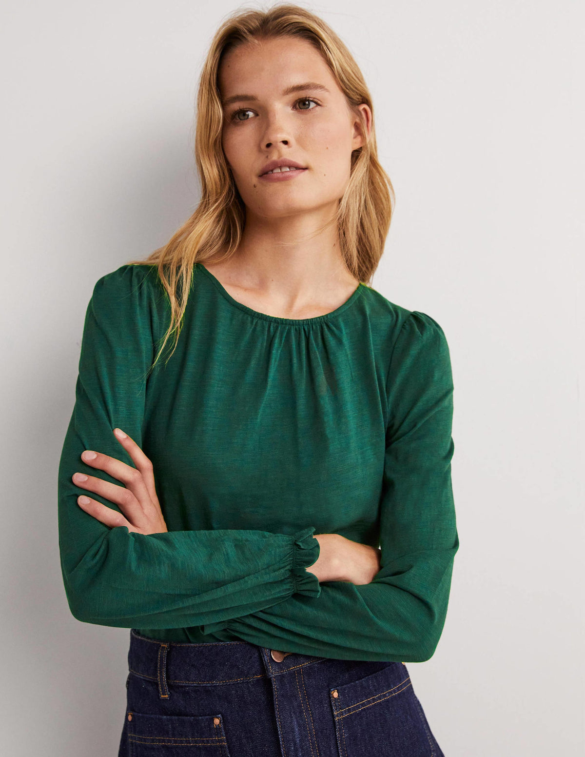Blouson Cotton Crew Neck Top-Hunter Green - Image 1