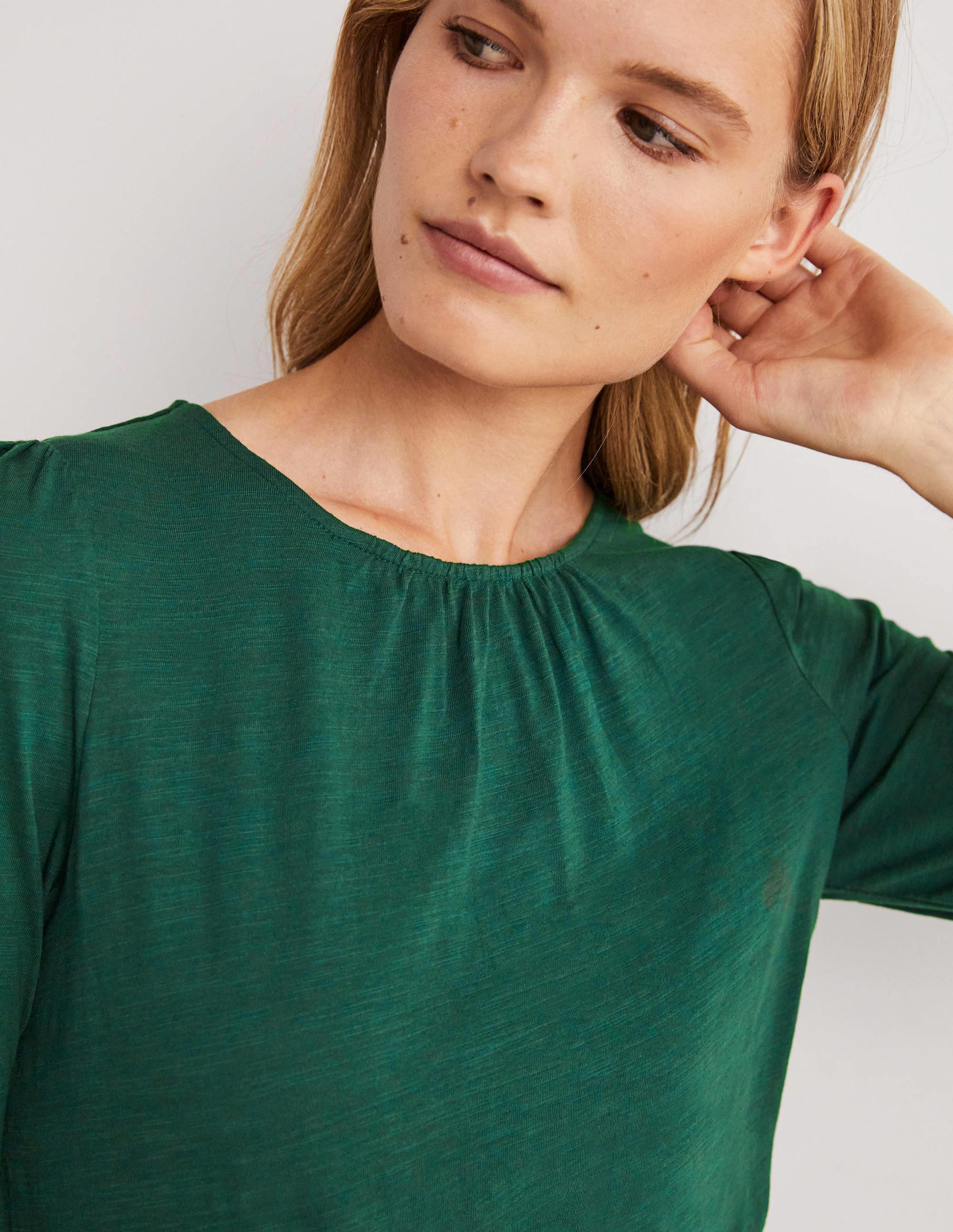Blouson Cotton Crew Neck Top-Hunter Green - Image 2