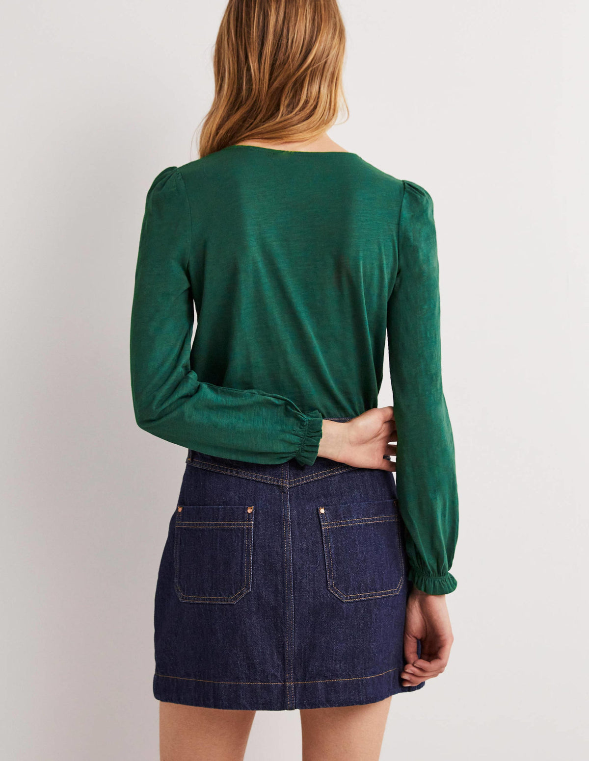 Blouson Cotton Crew Neck Top-Hunter Green - Image 3
