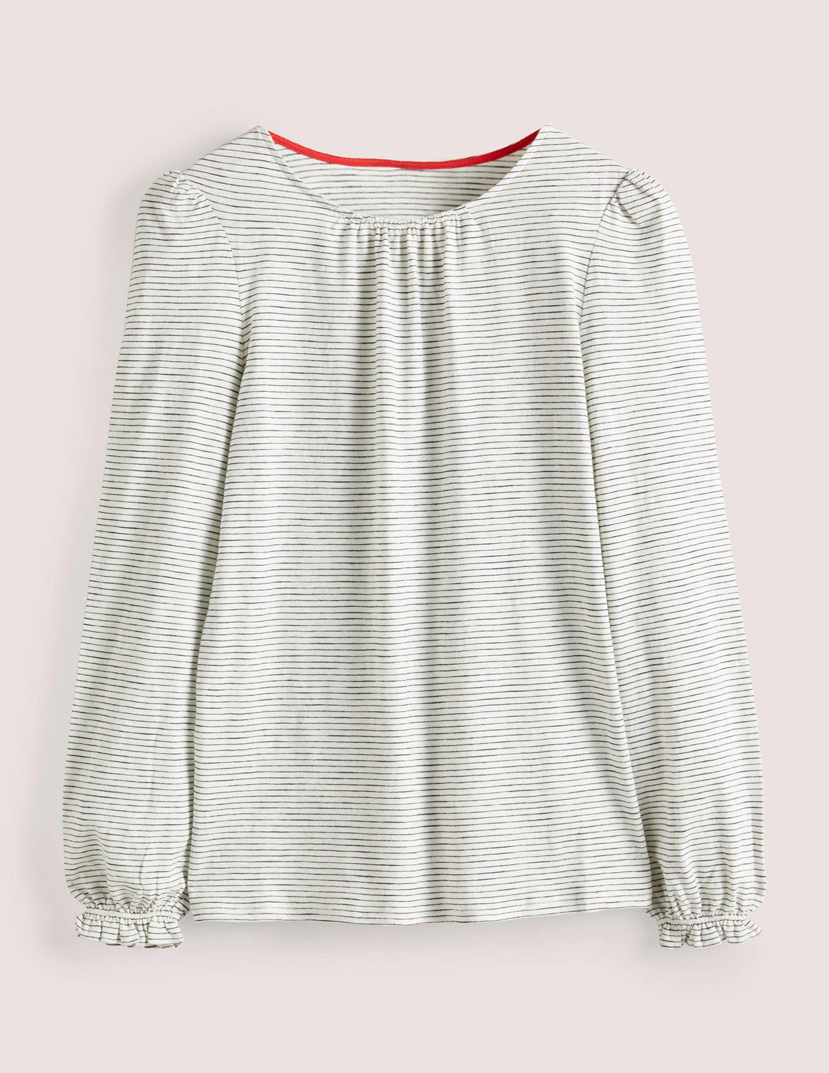Blouson Cotton Crew Neck Top-Ivory, Navy Stripe-5
