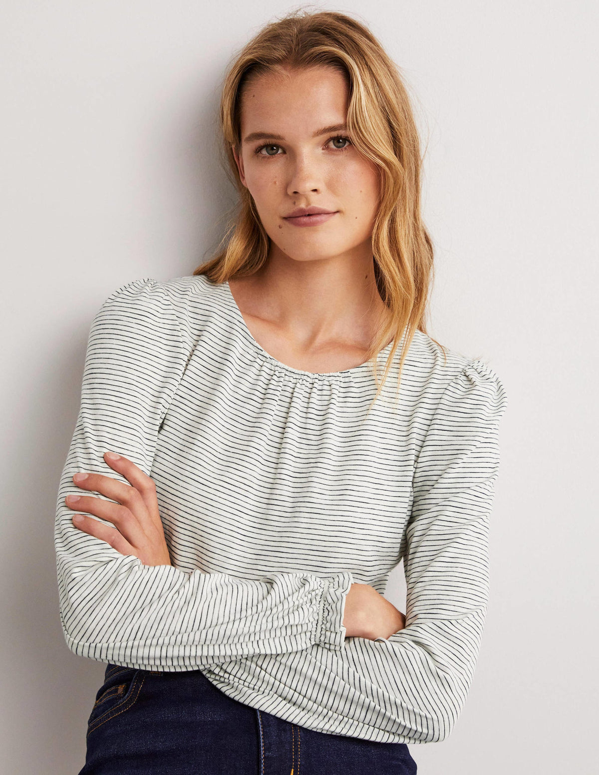 Blouson Cotton Crew Neck Top-Ivory, Navy Stripe-1