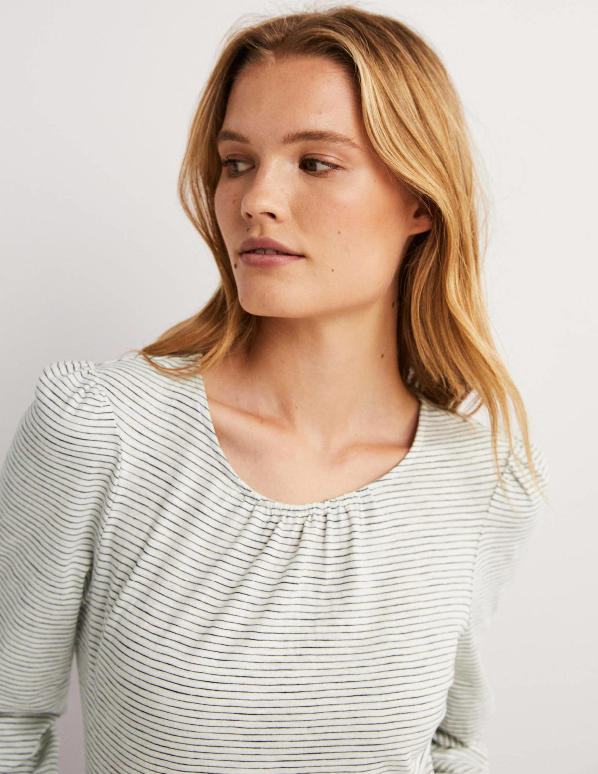 Blouson Cotton Crew Neck Top-Ivory, Navy Stripe-2