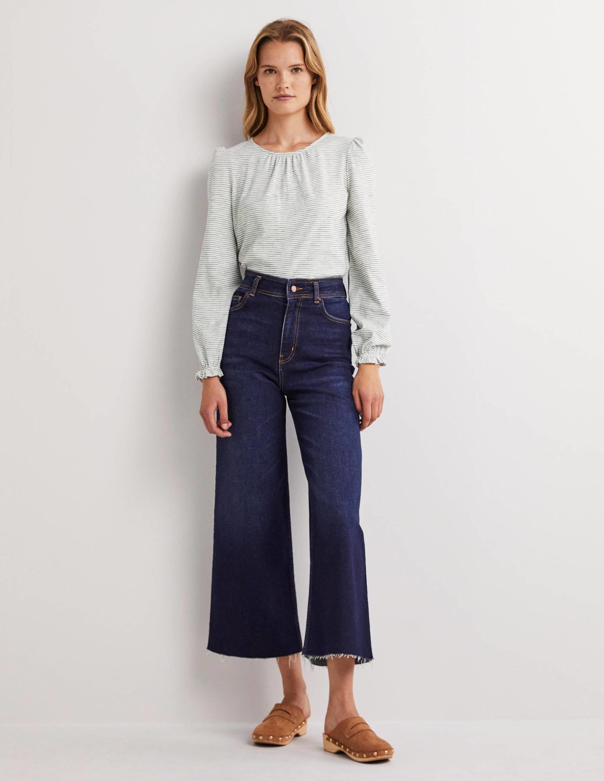 Blouson Cotton Crew Neck Top-Ivory, Navy Stripe - Image 4