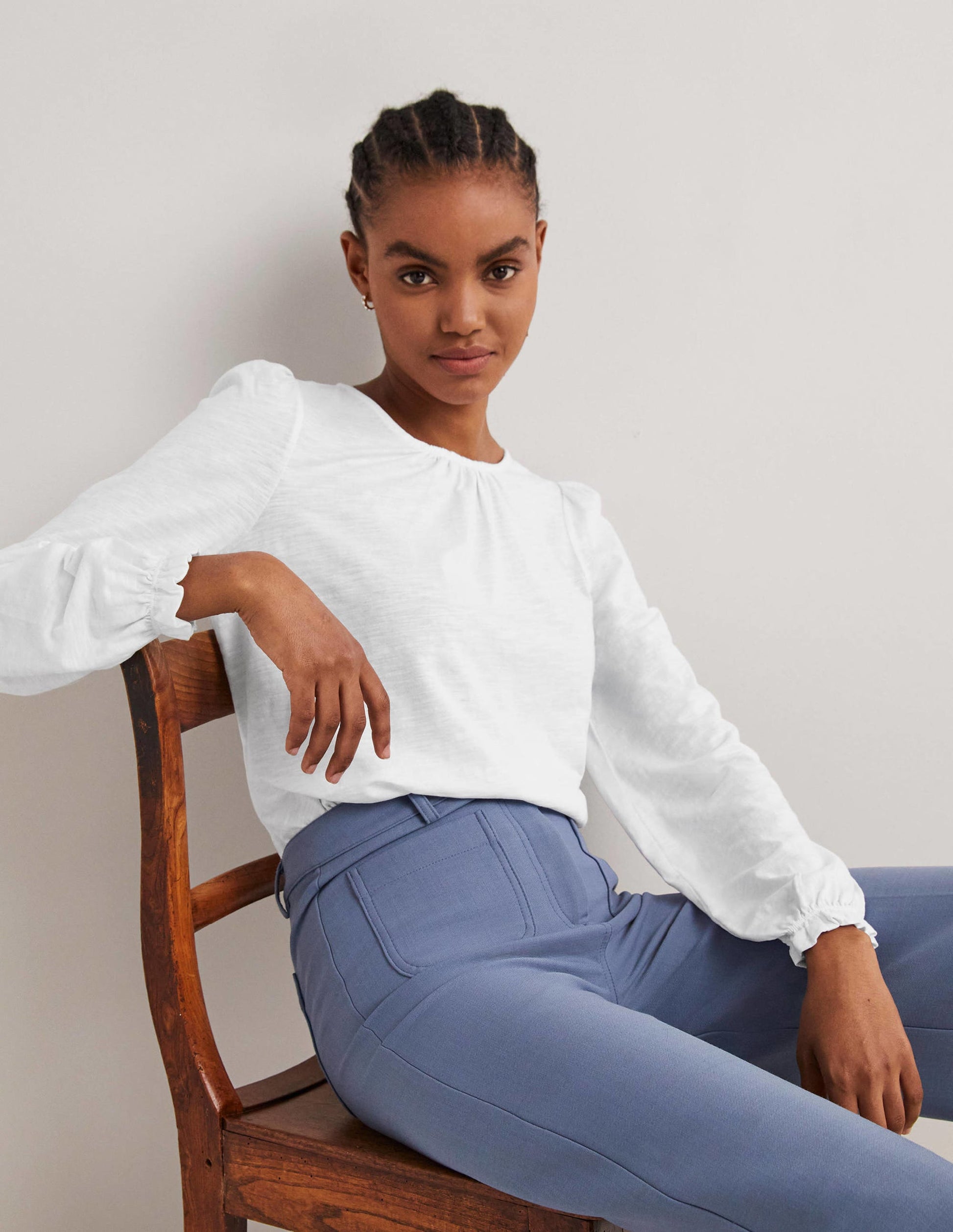 Blouson Cotton Crew Neck Top-White-1