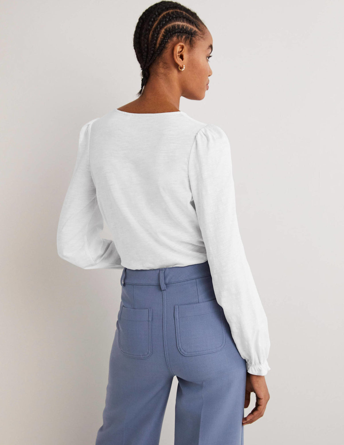 Blouson Cotton Crew Neck Top-White - Image 3
