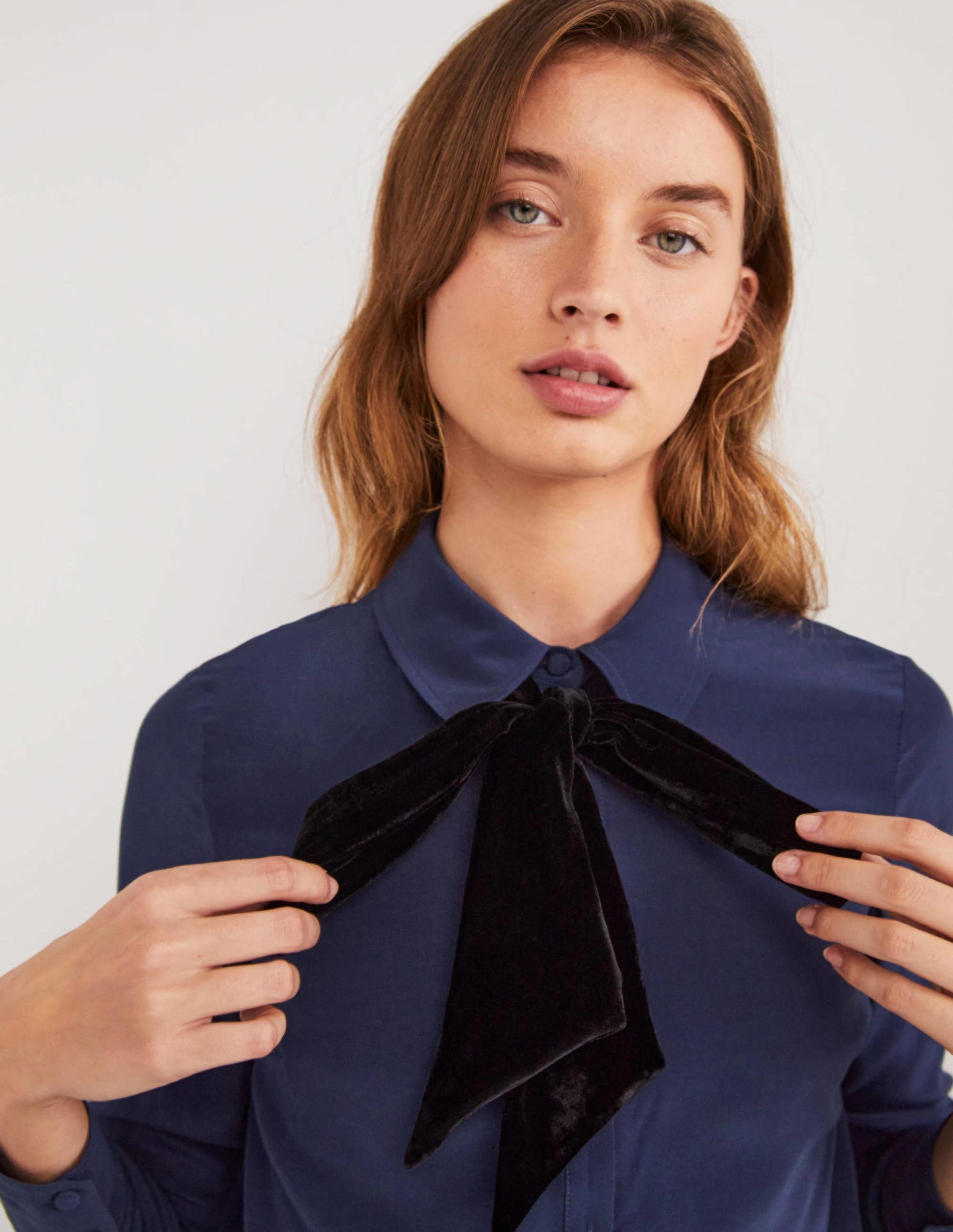 Bow Detail Classic Shirt-Navy-2