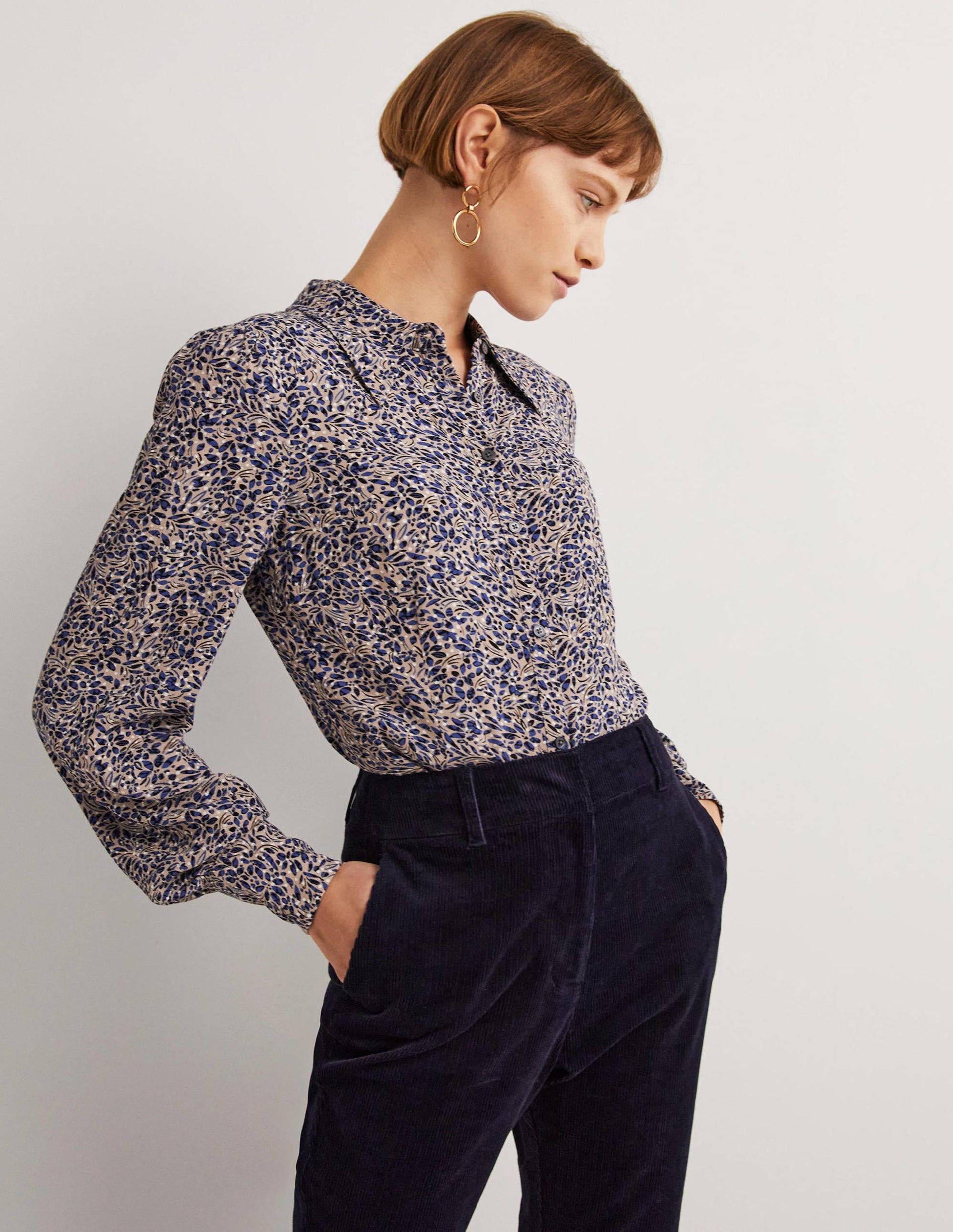 Dart Detail Fitted Shirt-Persian Blue, Leaf Cluster-1