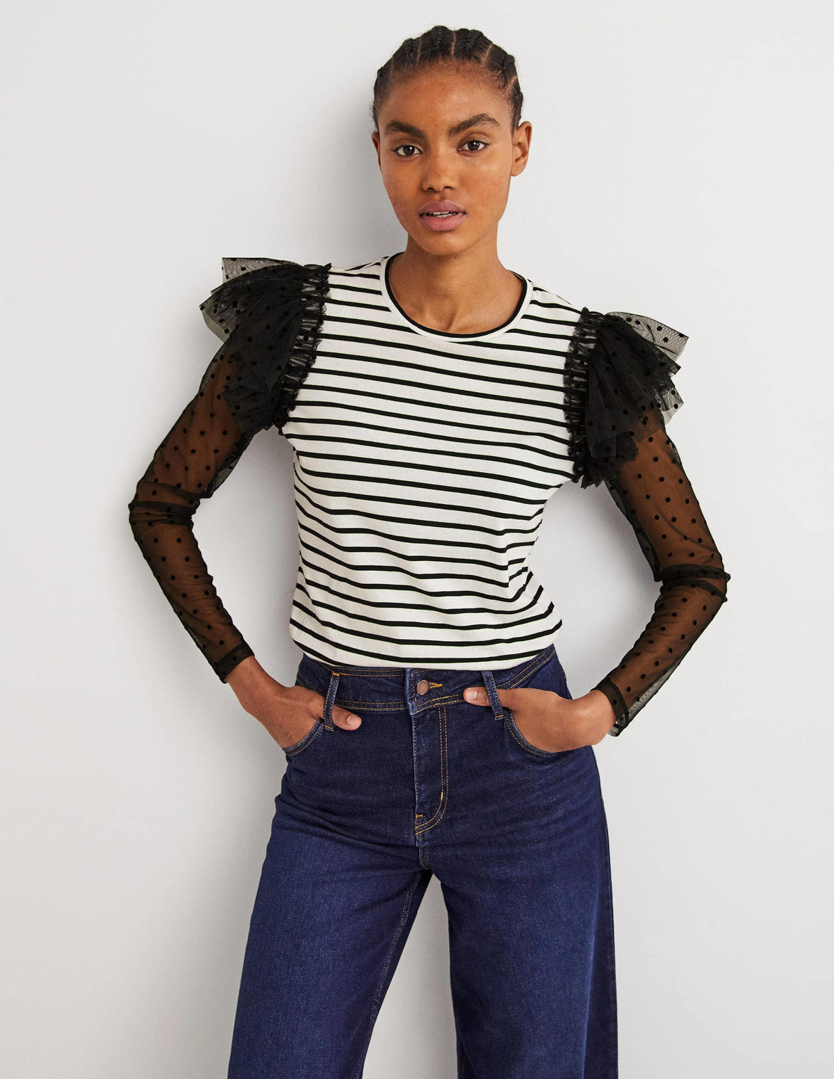Detail Breton Top-Ivory/Black, Flocked Tulle - Image 1