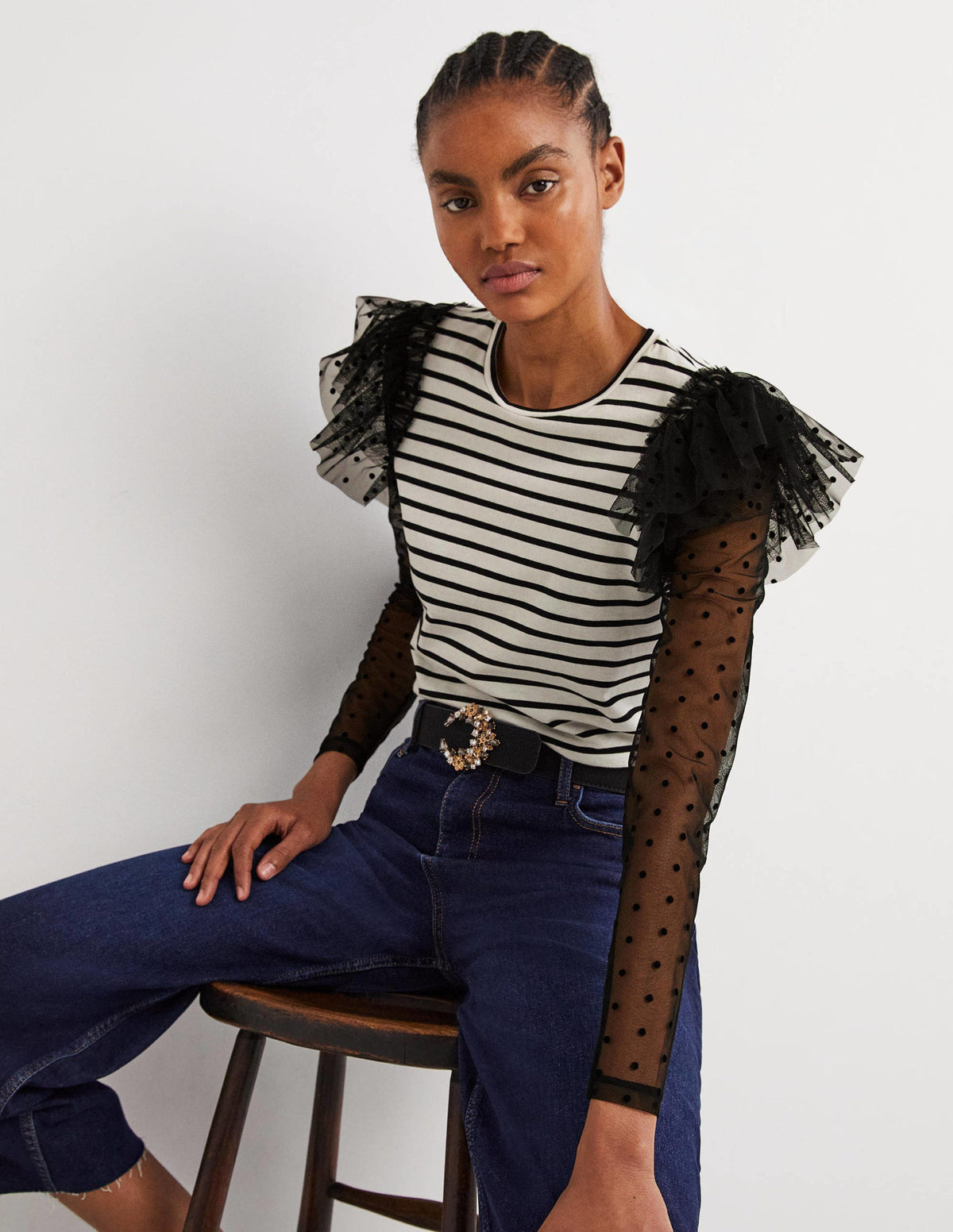 Detail Breton Top-Ivory/Black, Flocked Tulle - Image 5