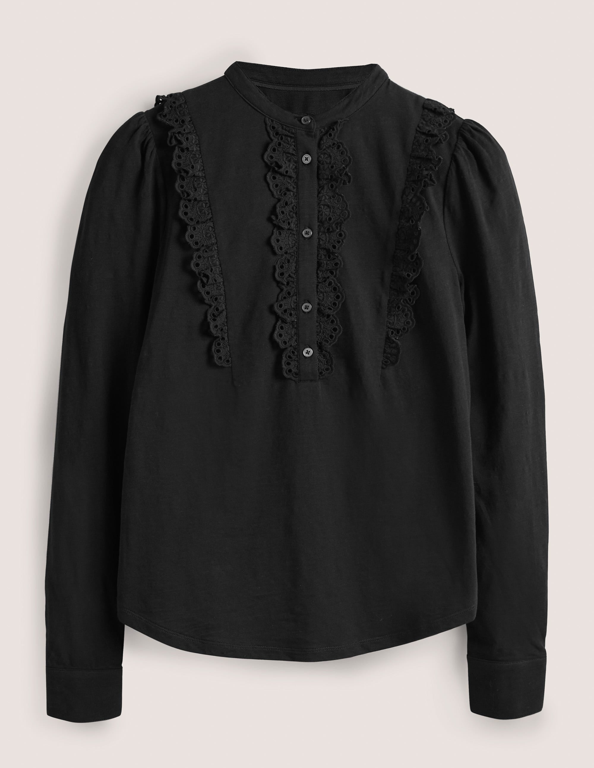 Broderie Ruffle Jersey Top-Black - Image 5