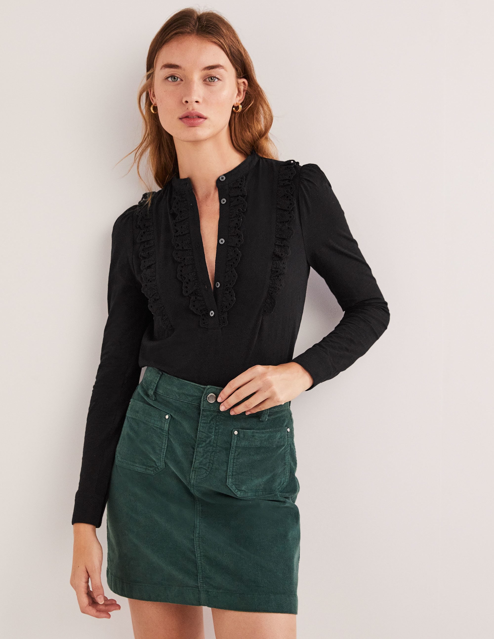 Broderie Ruffle Jersey Top-Black - Image 1