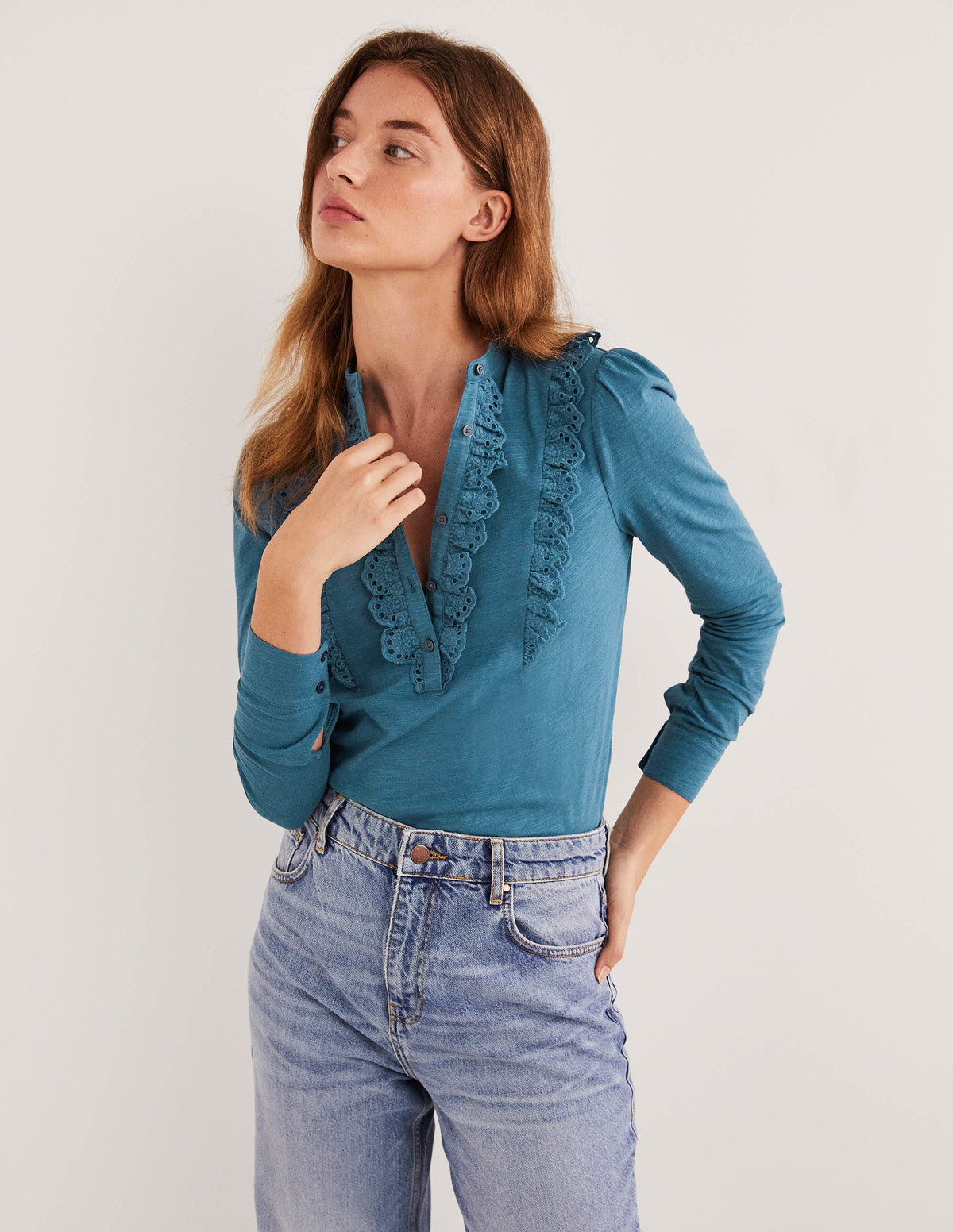 Broderie Ruffle Jersey Top-Corporal Blue - Image 1