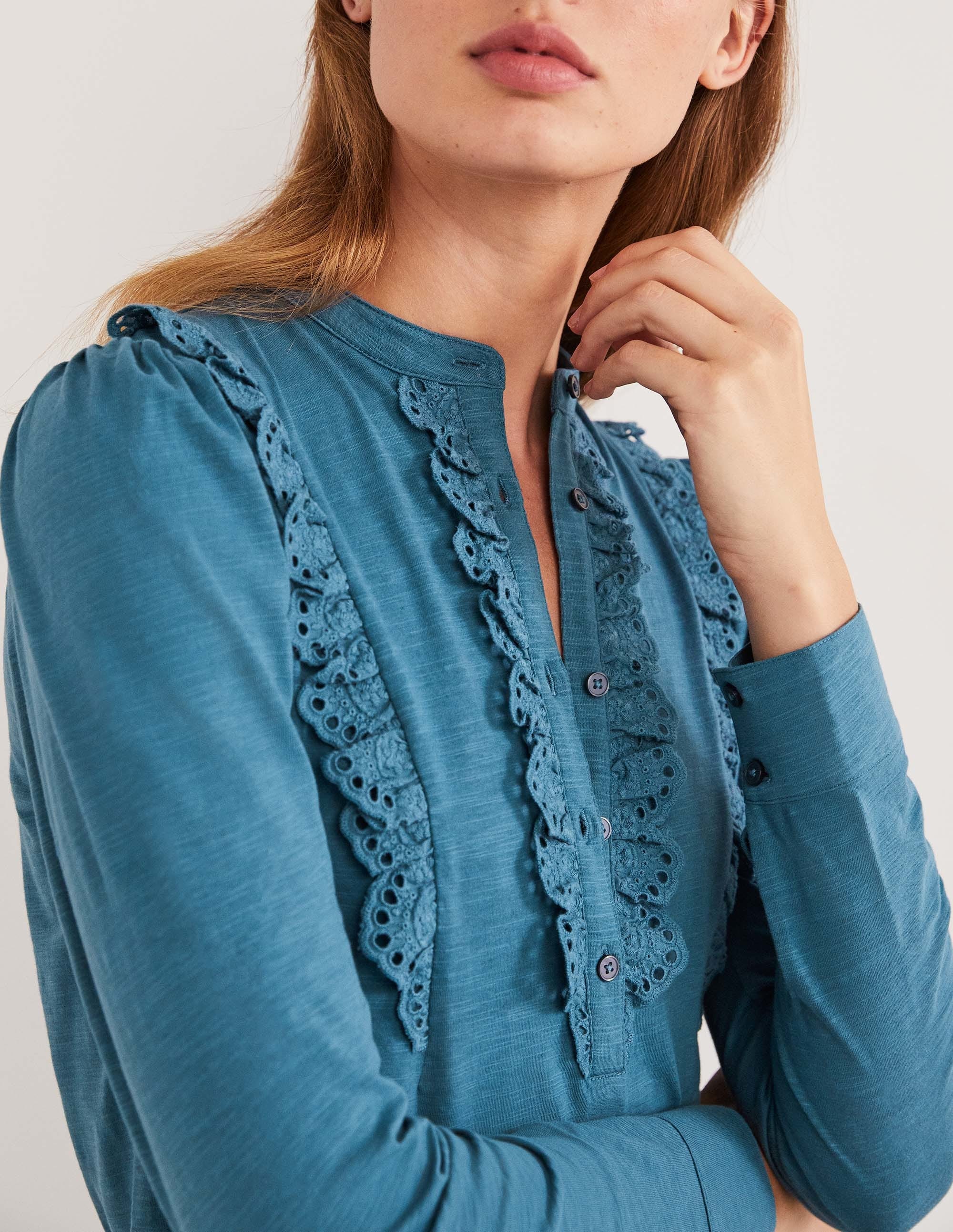 Broderie Ruffle Jersey Top-Corporal Blue - Image 2