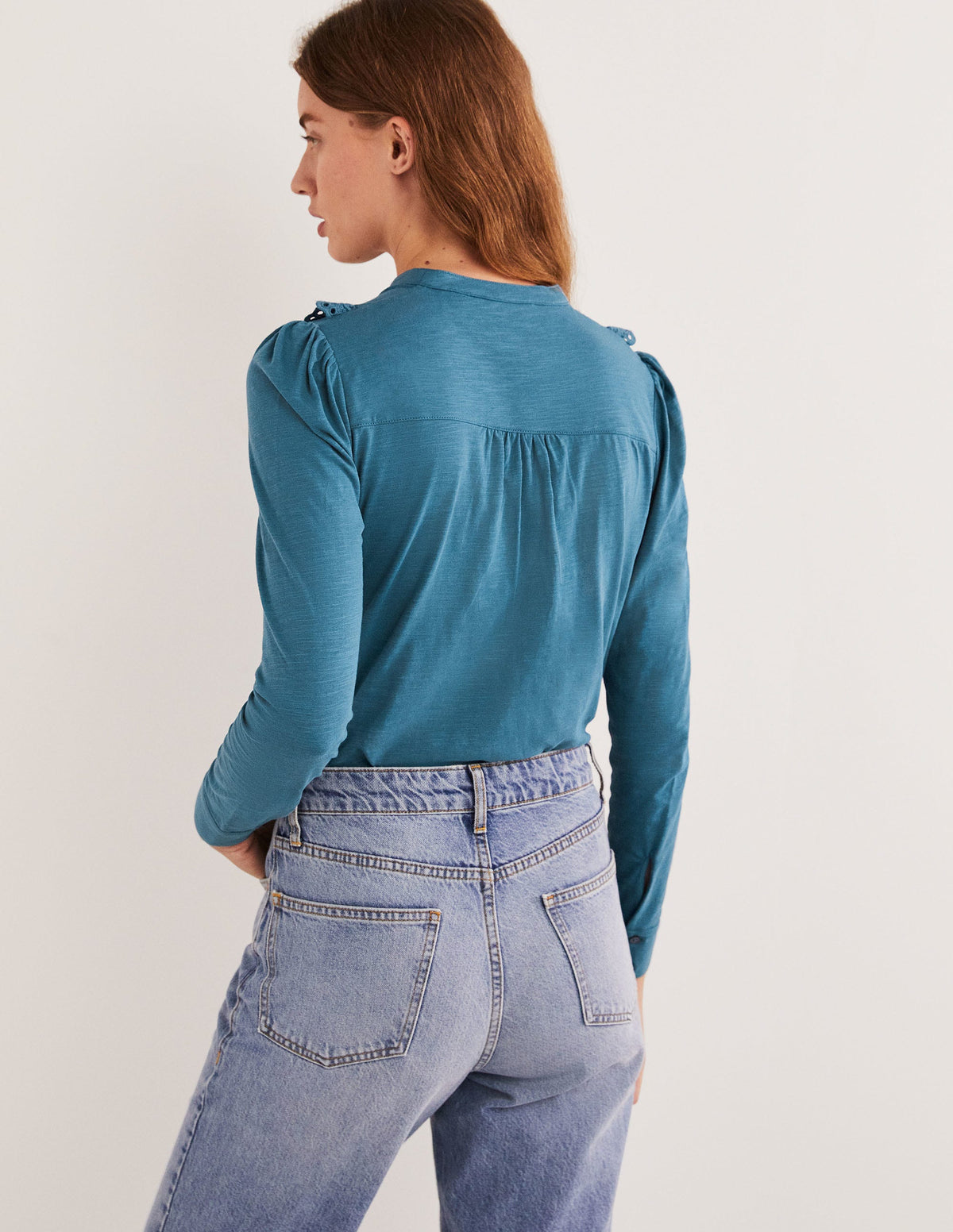 Broderie Ruffle Jersey Top-Corporal Blue-3