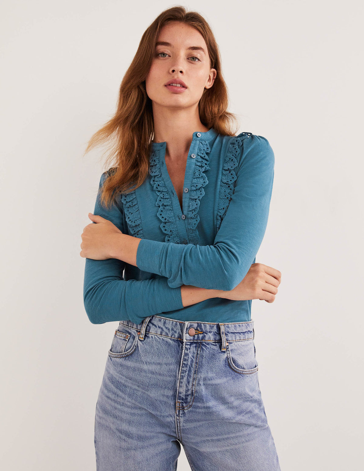 Broderie Ruffle Jersey Top-Corporal Blue-4