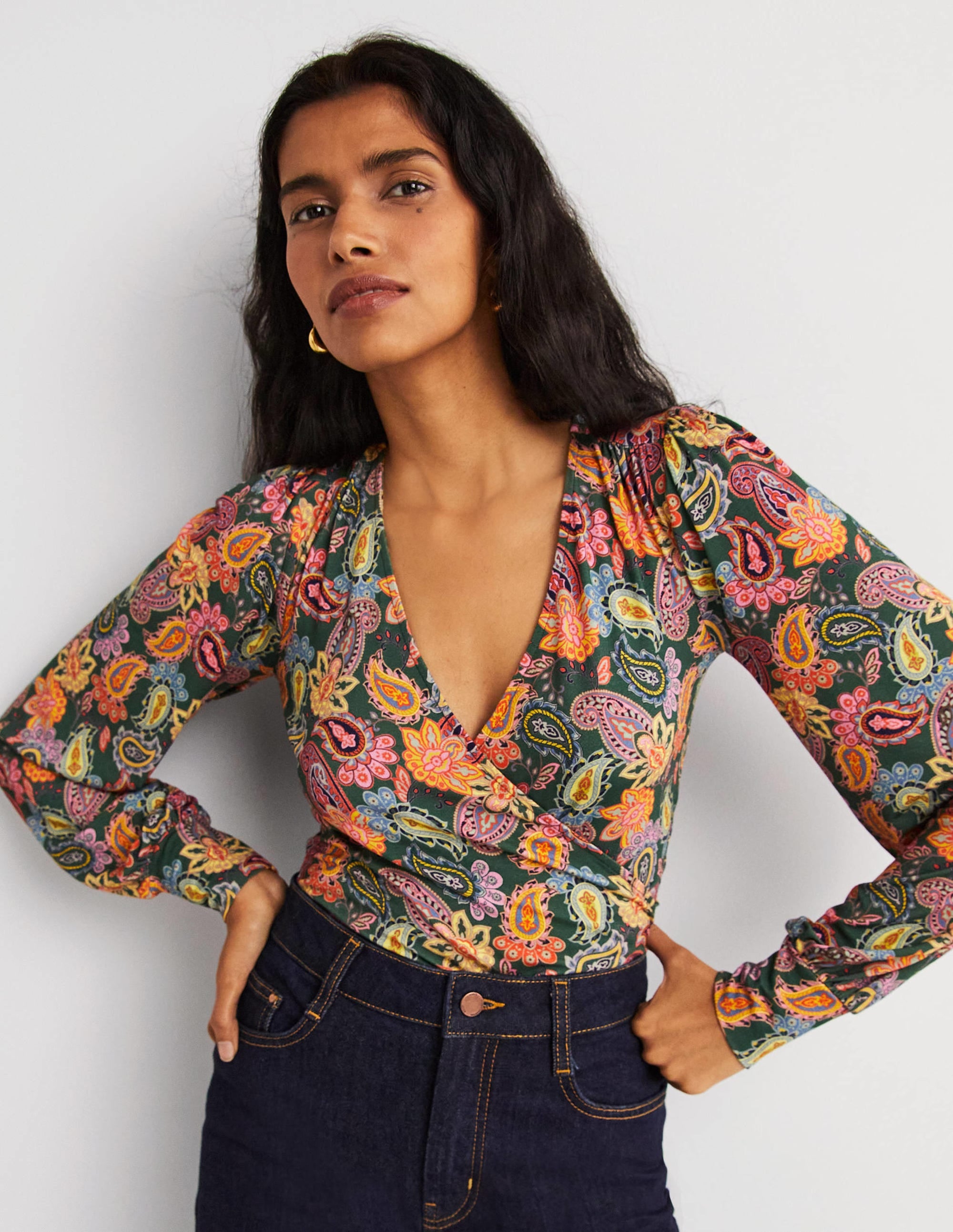 Blouson Wrap Top-Trekking Green, Paisley Charm - Image 1