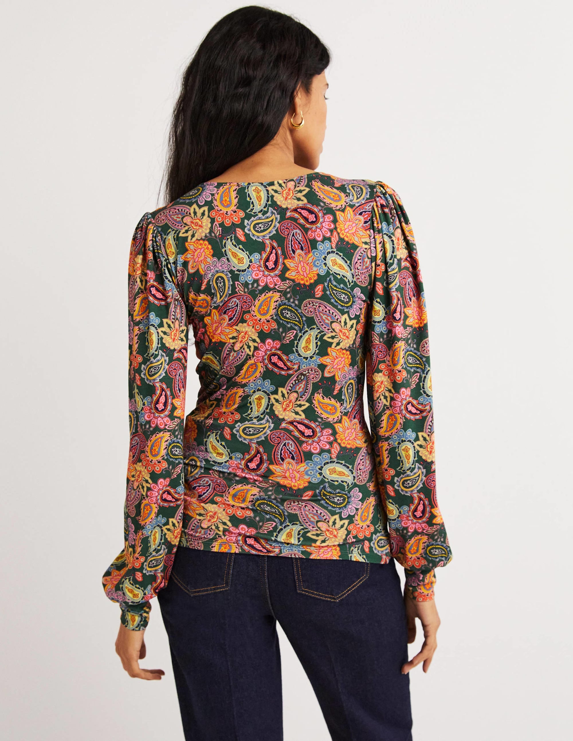 Blouson Wrap Top-Trekking Green, Paisley Charm - Image 3