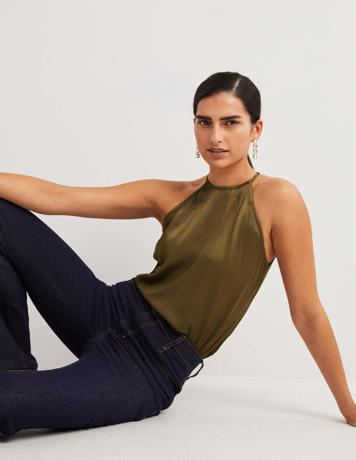 Strappy Halterneck Satin Top-Basil - Image 1