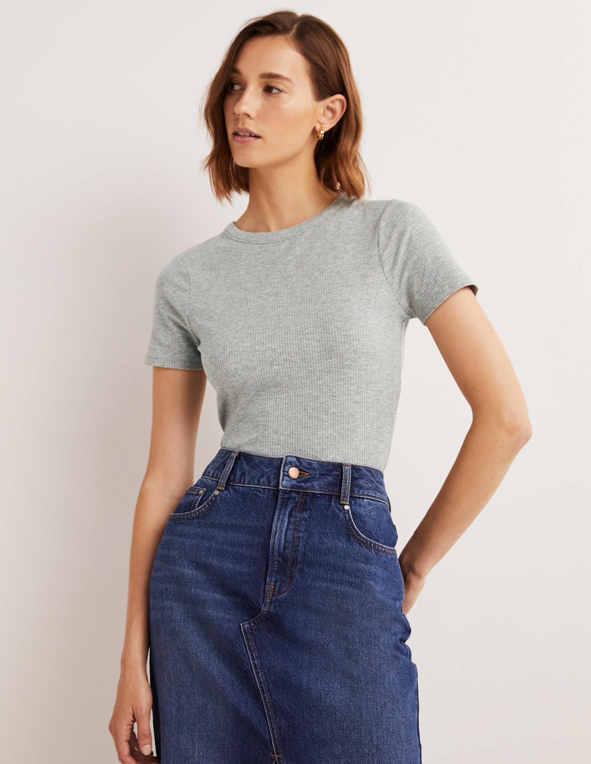Soft Ribbed Crew Neck T-shirt-Grey Marl - Image 1