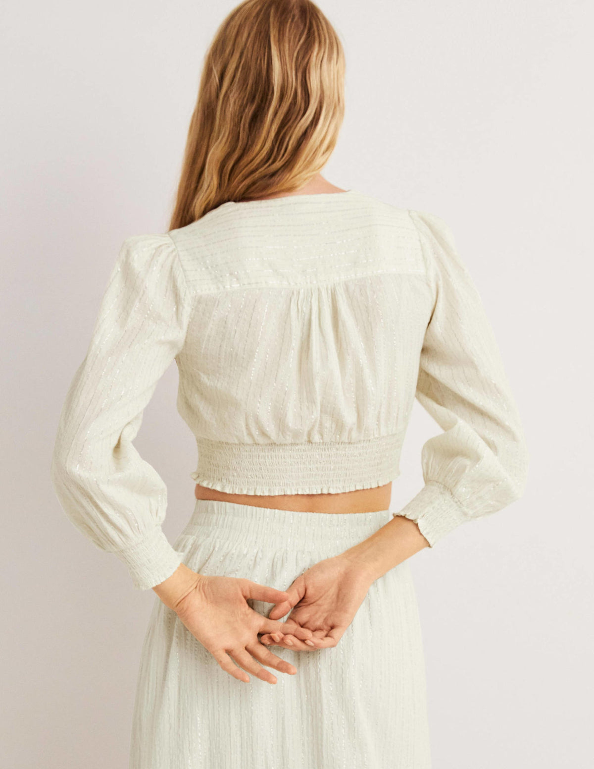Lurex Smocked Crop Top-Ivory Crinkle Lurex - Image 3