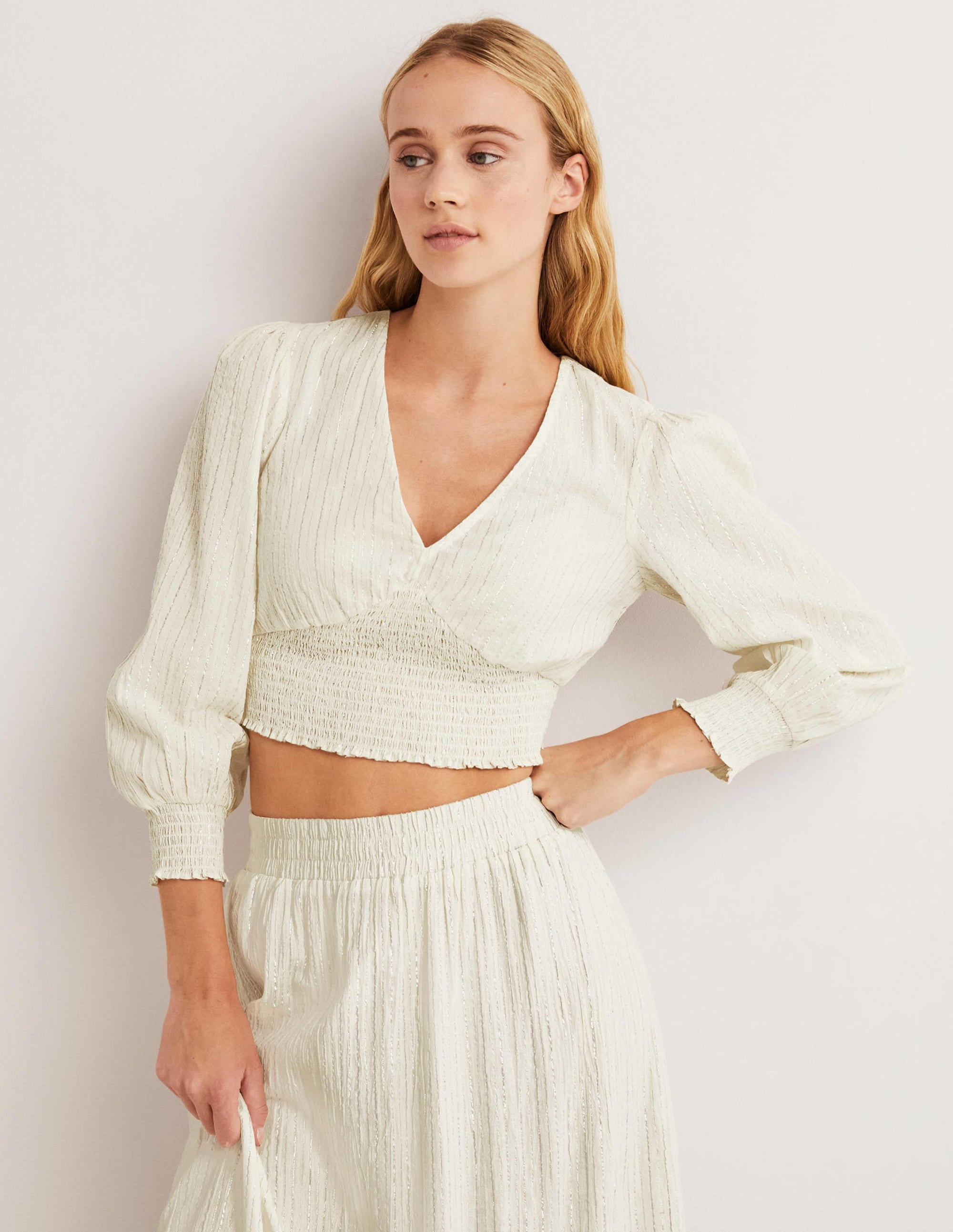 Lurex Smocked Crop Top-Ivory Crinkle Lurex - Image 4