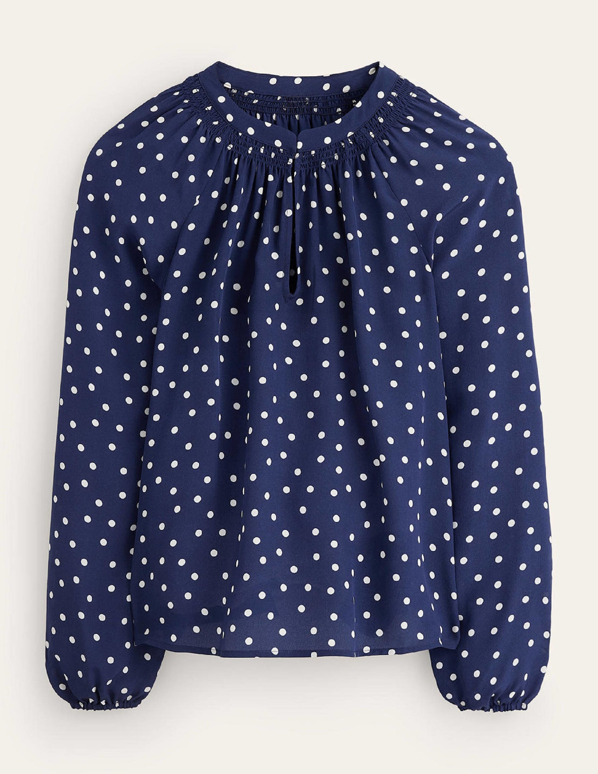 Gathered Neck Silk Blouse-Navy Spot-5