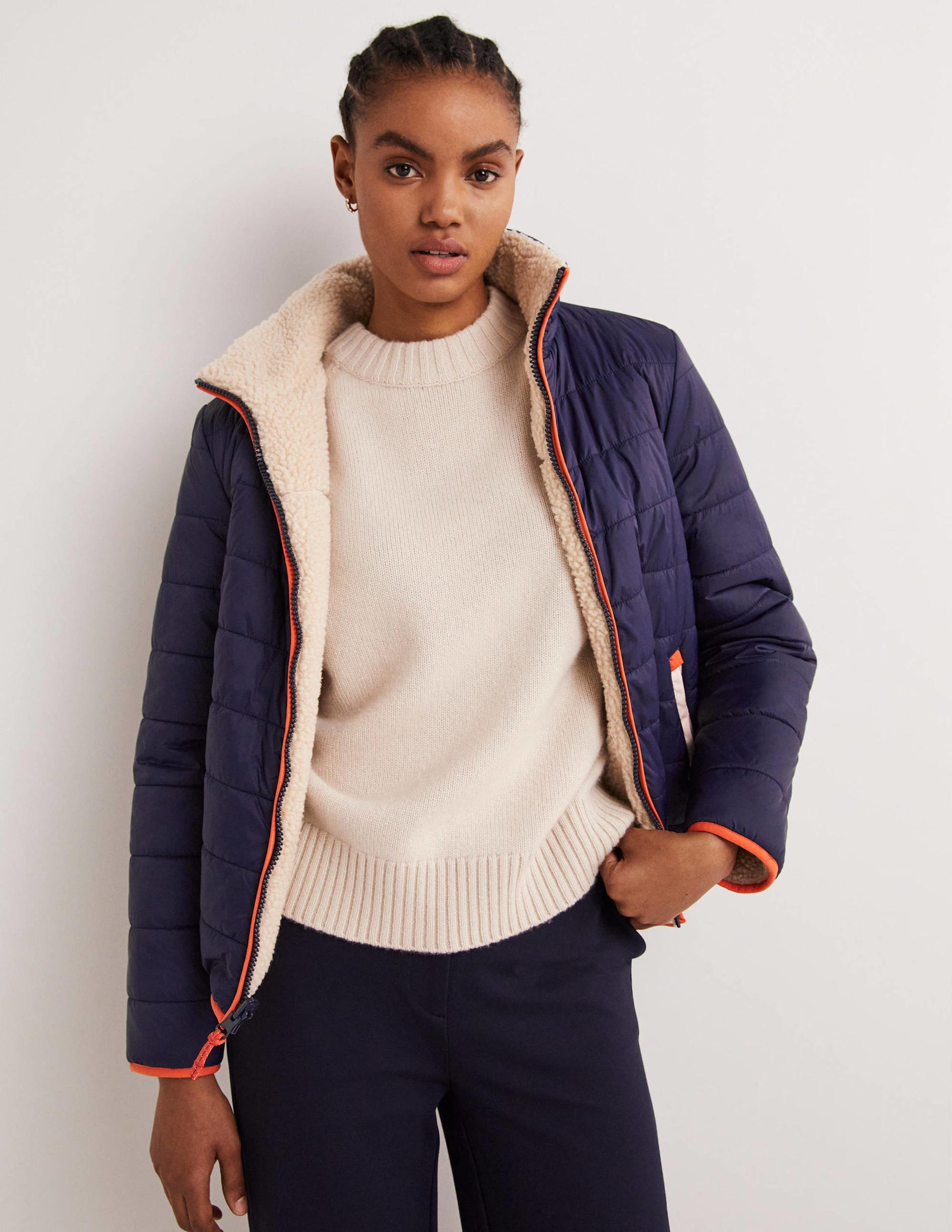 Reversible Borg Puffer Jacket-Navy and Tigerlily Red-1