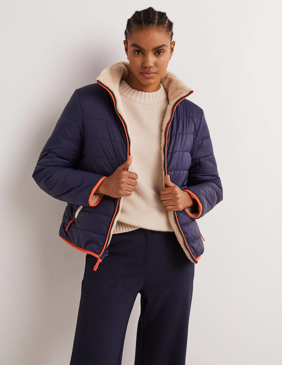Reversible Borg Puffer Jacket-Navy and Tigerlily Red - Image 4