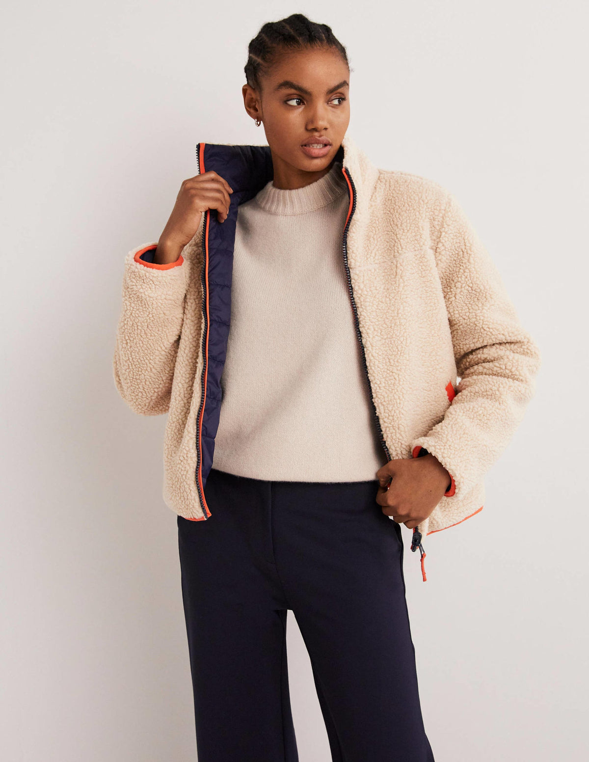 Reversible Borg Puffer Jacket-Navy and Tigerlily Red - Image 6