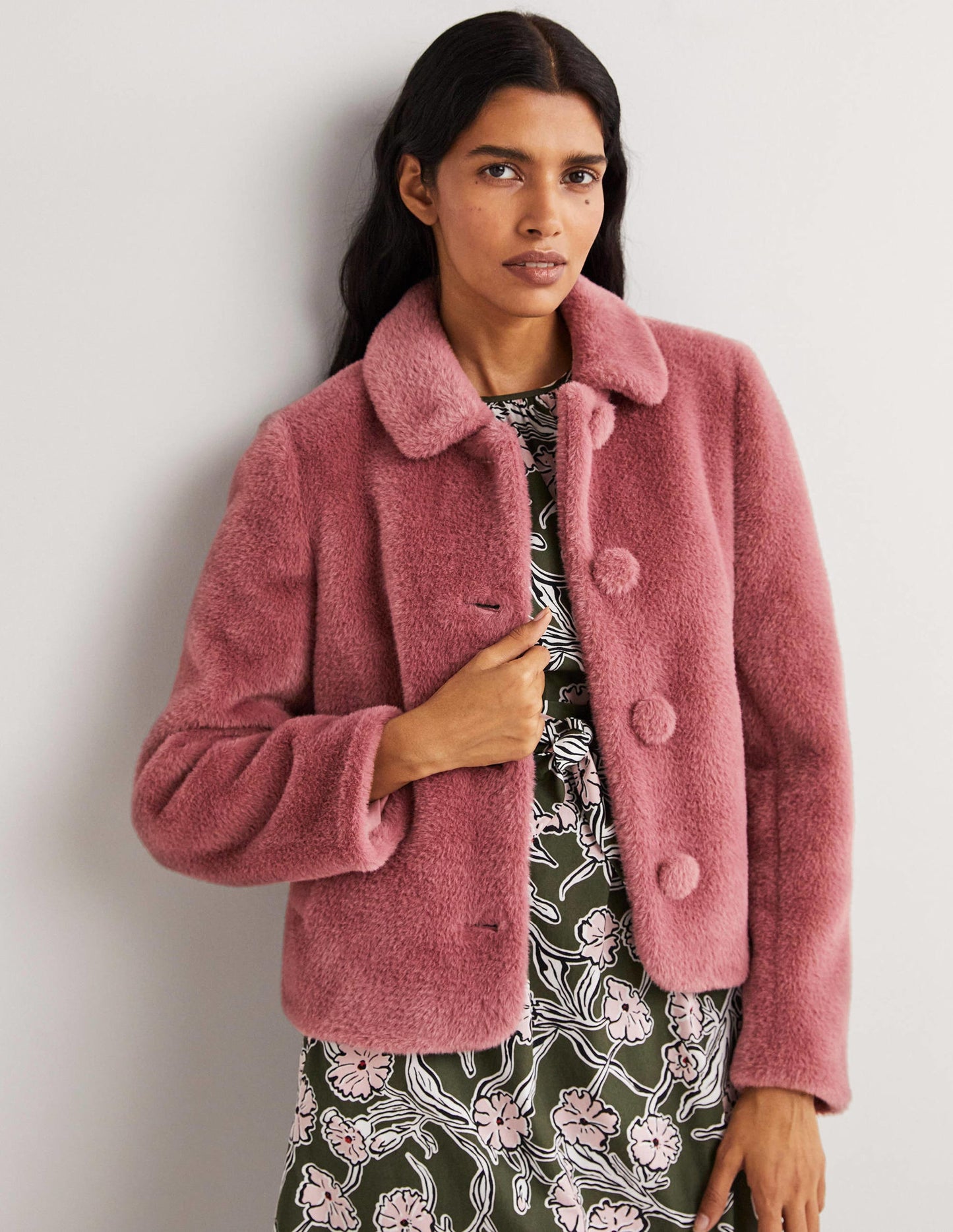 Faux Fur Short Coat-Puce Pink