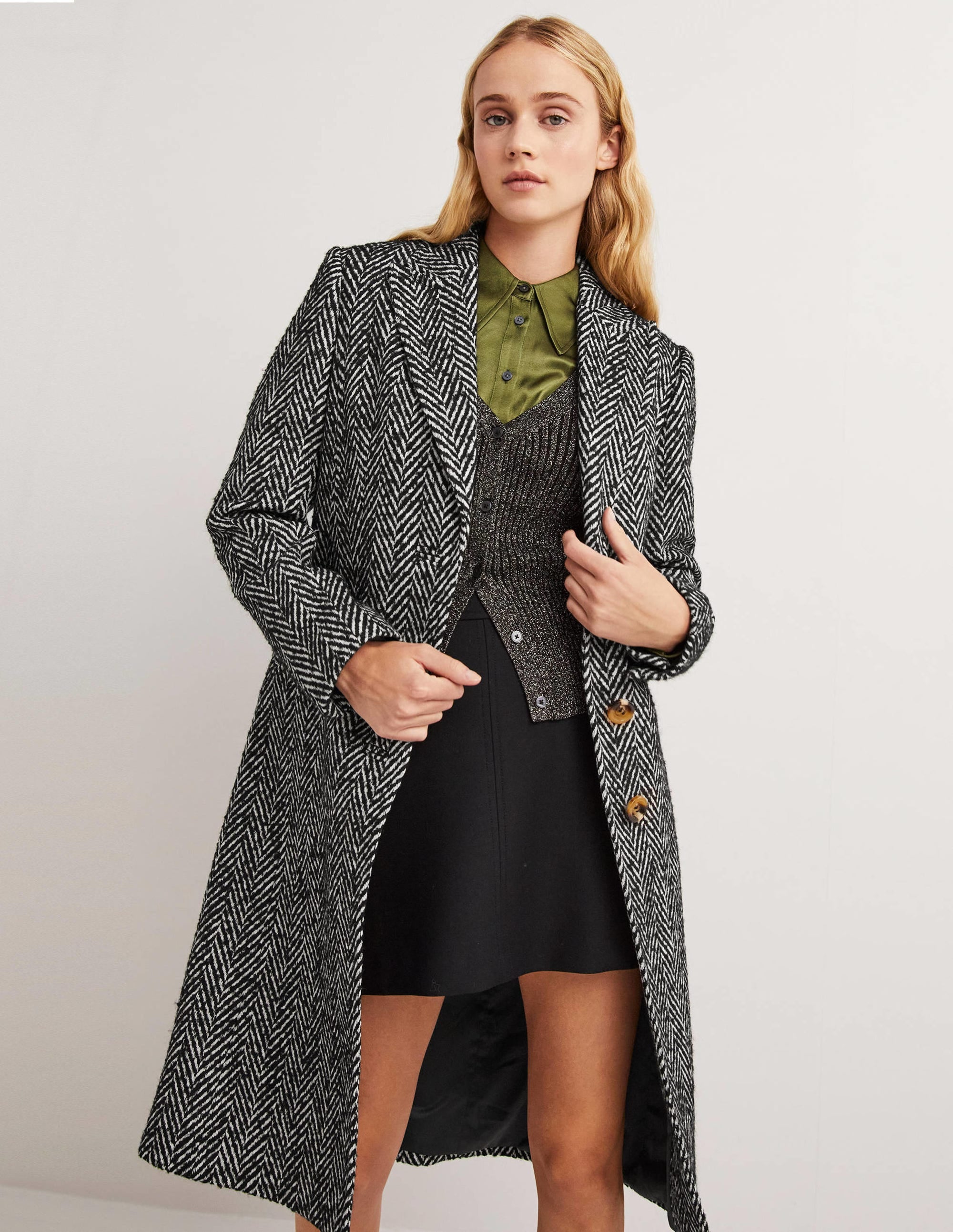 Wool Blend Tailored Coat-Black and Ivory Herringbone - Image 1