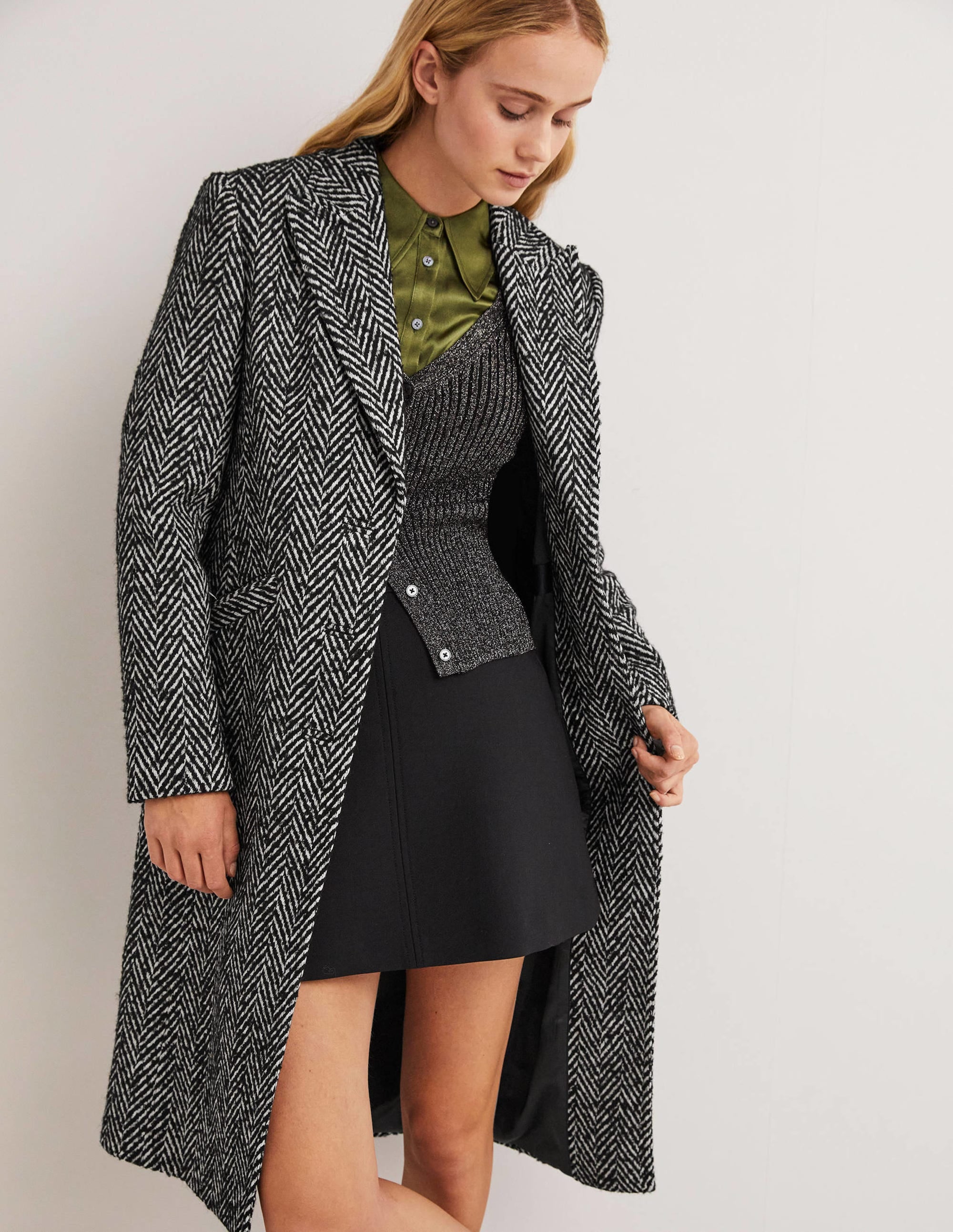 Wool Blend Tailored Coat-Black and Ivory Herringbone - Image 4