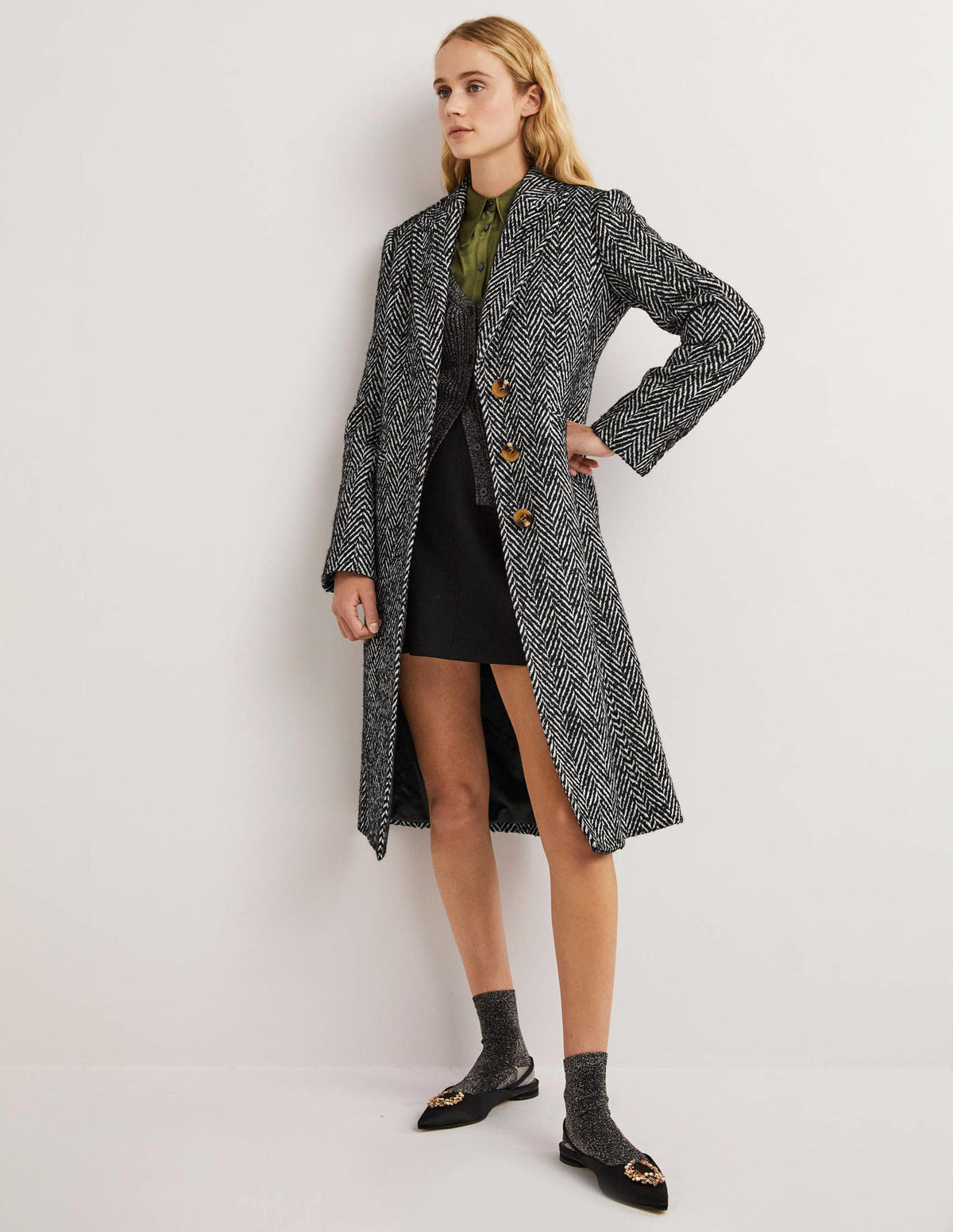 Wool Blend Tailored Coat-Black and Ivory Herringbone - Image 5