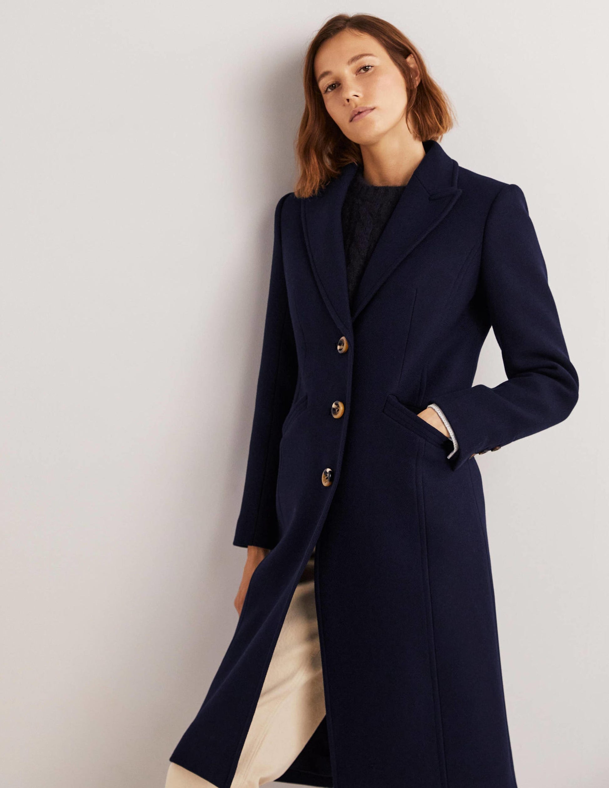 Wool Blend Tailored Coat-Navy-1