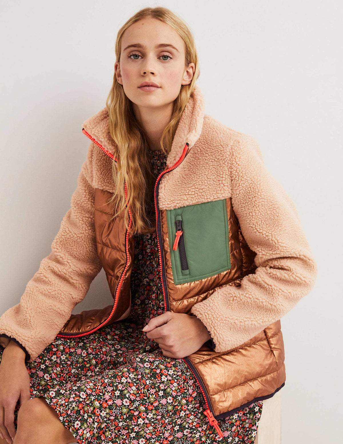 Quilted Borg Puffer Jacket-Metallic Natural Borg-5